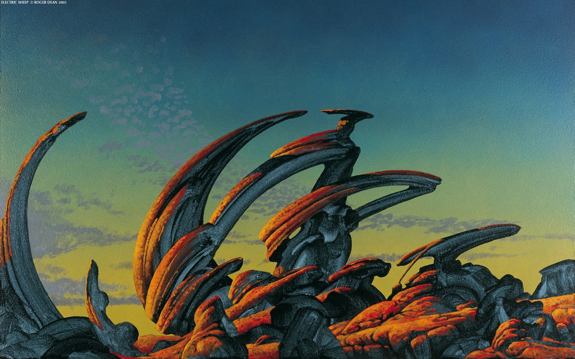tranquility, multi colored, art and craft, beauty in nature, bones, artwork, sunset, 2005 (Year), day, sky, outdoors, Roger Dean, 1080P, nature, water, HD Wallpaper