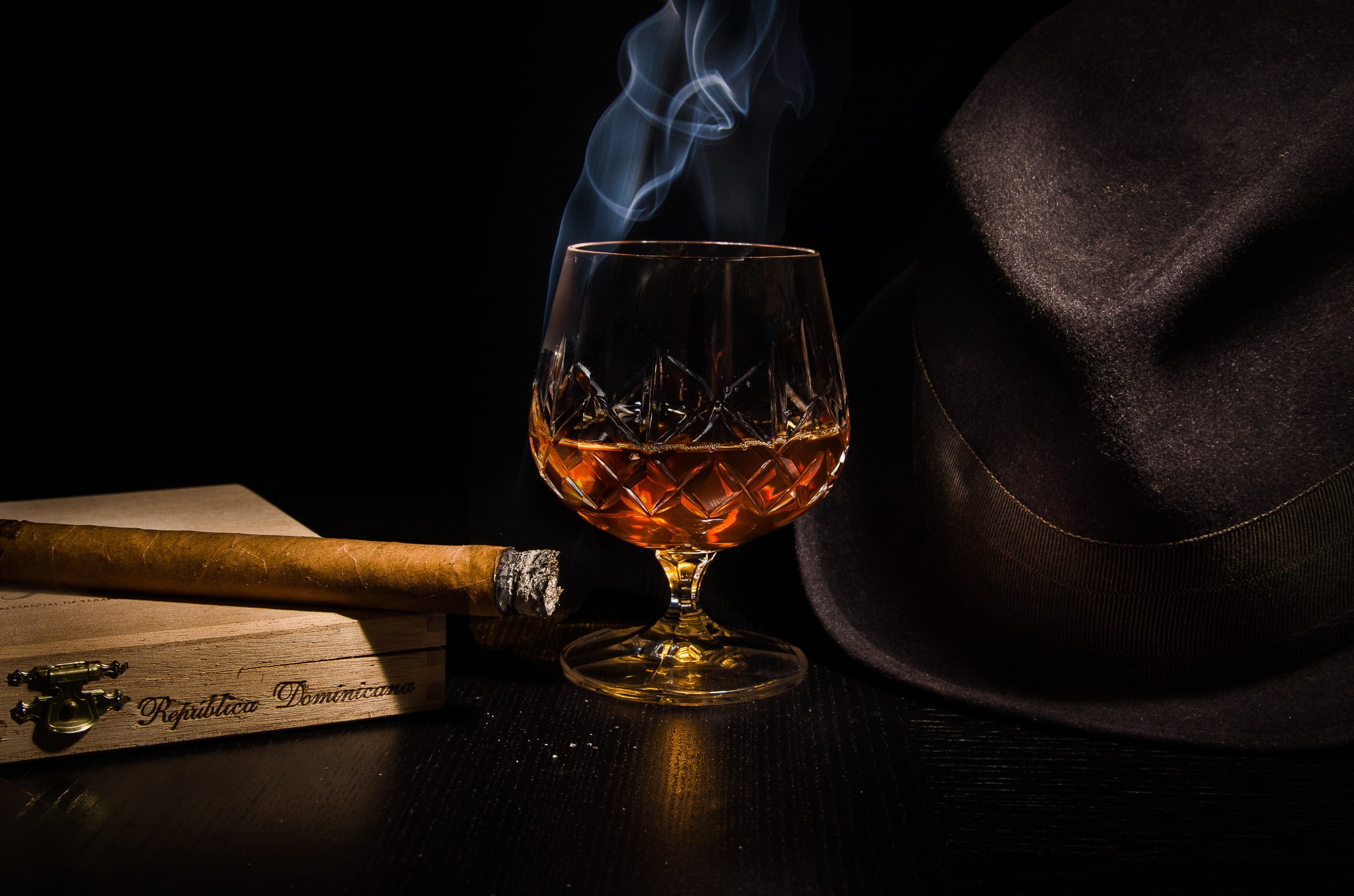 clear, glass, hat, alcohol, cigar, goblet, cognac, 1080P, HD Wallpaper