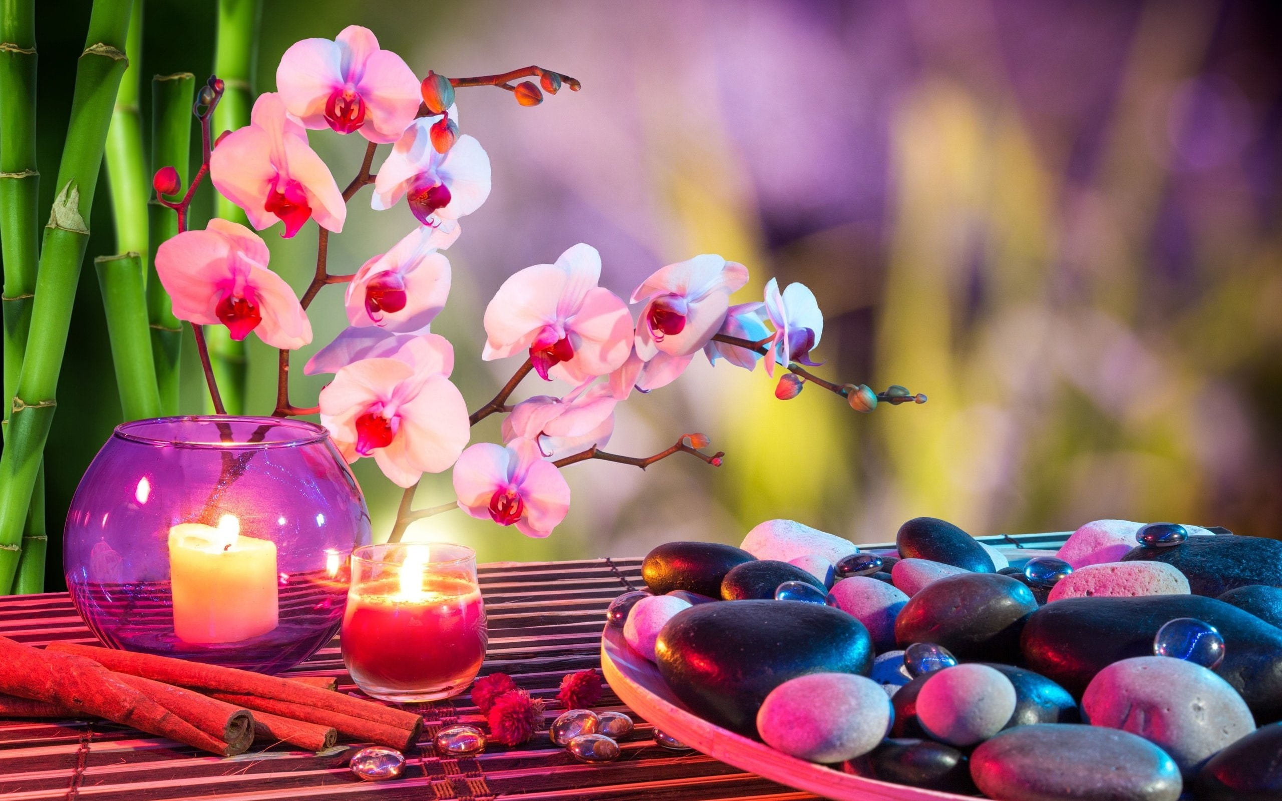 table, focus on foreground, freshness, day, beauty in nature, vulnerability, mood, petal, nature, candles, 2K, flower head, bamboo, flower, candle, pink color, HD Wallpaper