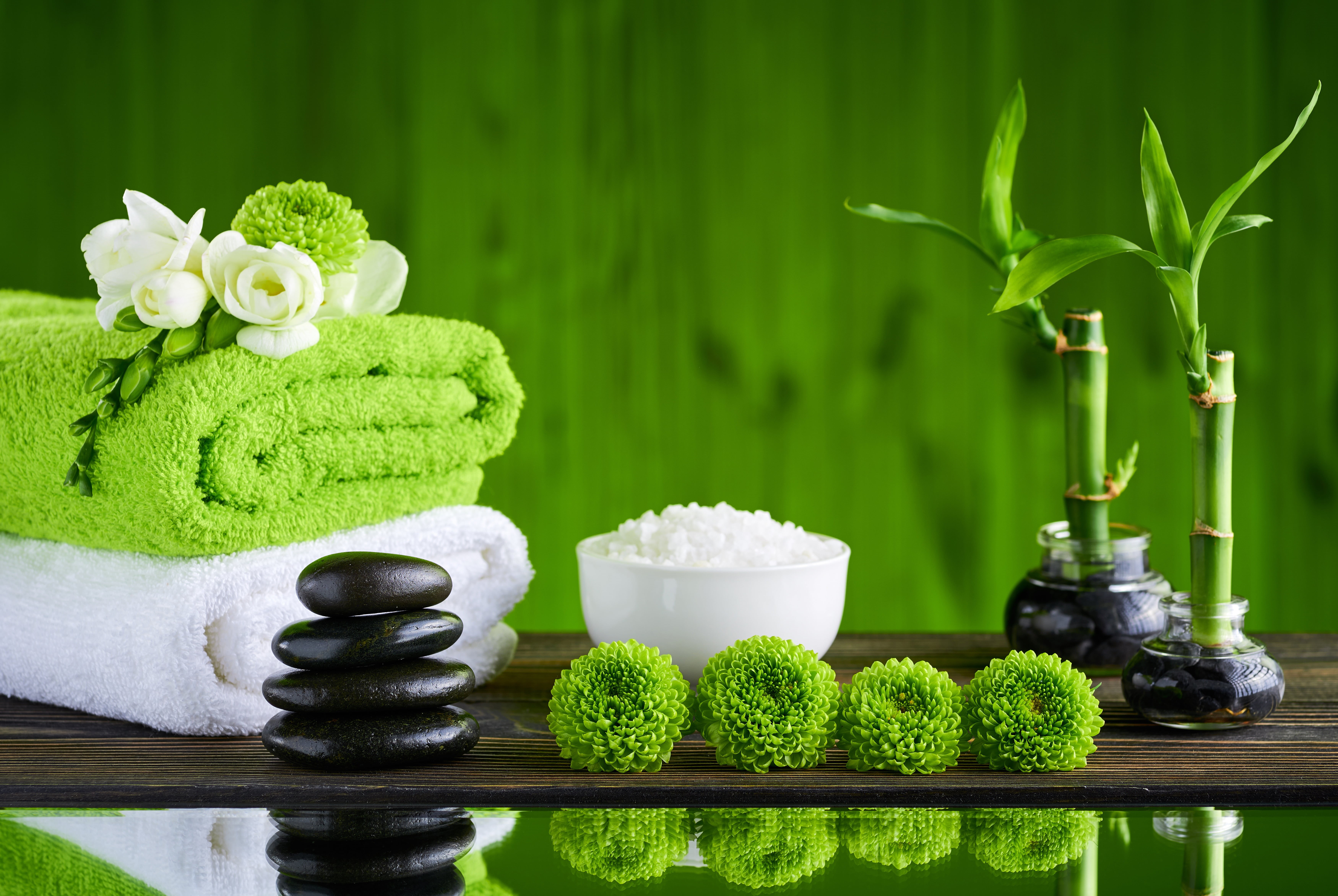 stones, 5K, spa, bath salt, flowers, towels, relax, bamboo, HD Wallpaper