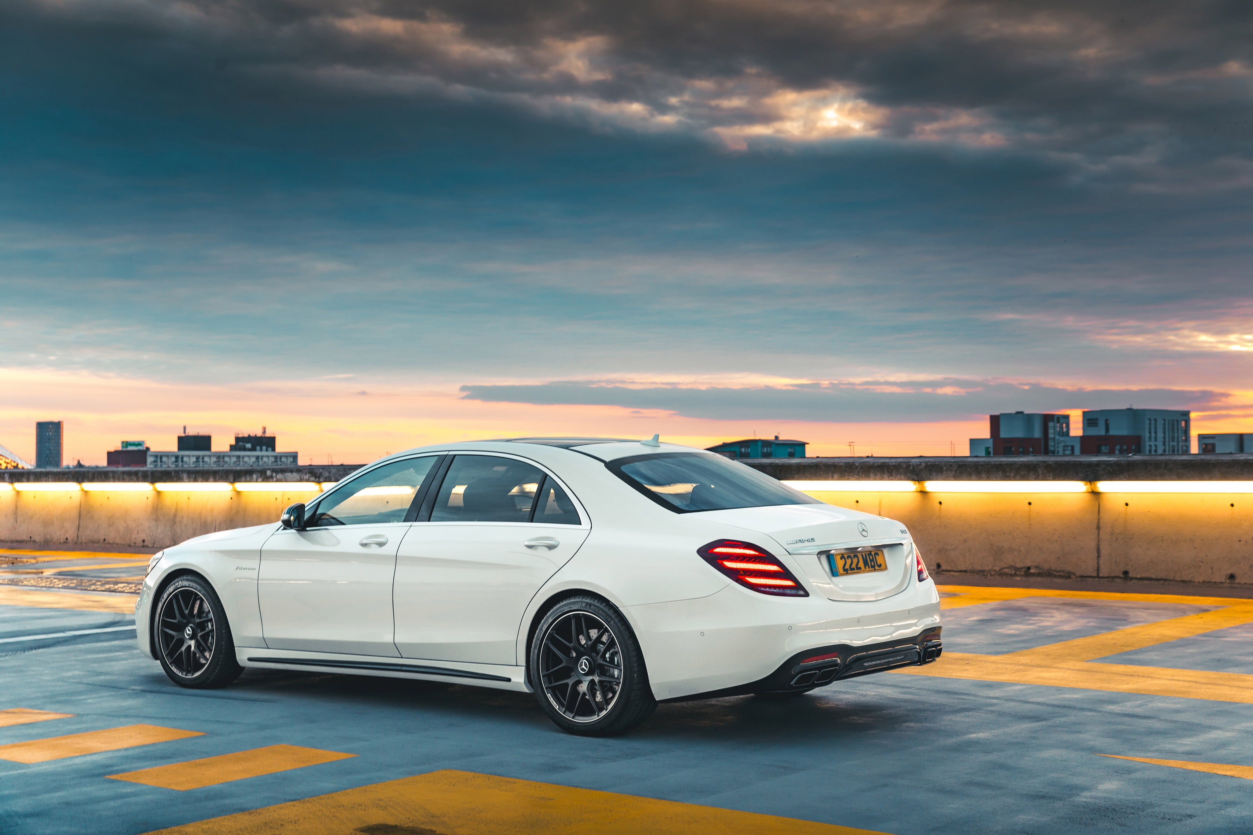 built structure, motion, motor vehicle, dusk, safety, mode of transportation, 4k, 2018 cars, sky, city, transportation, 4K, cloud - sky, mercedes s class, HD Wallpaper