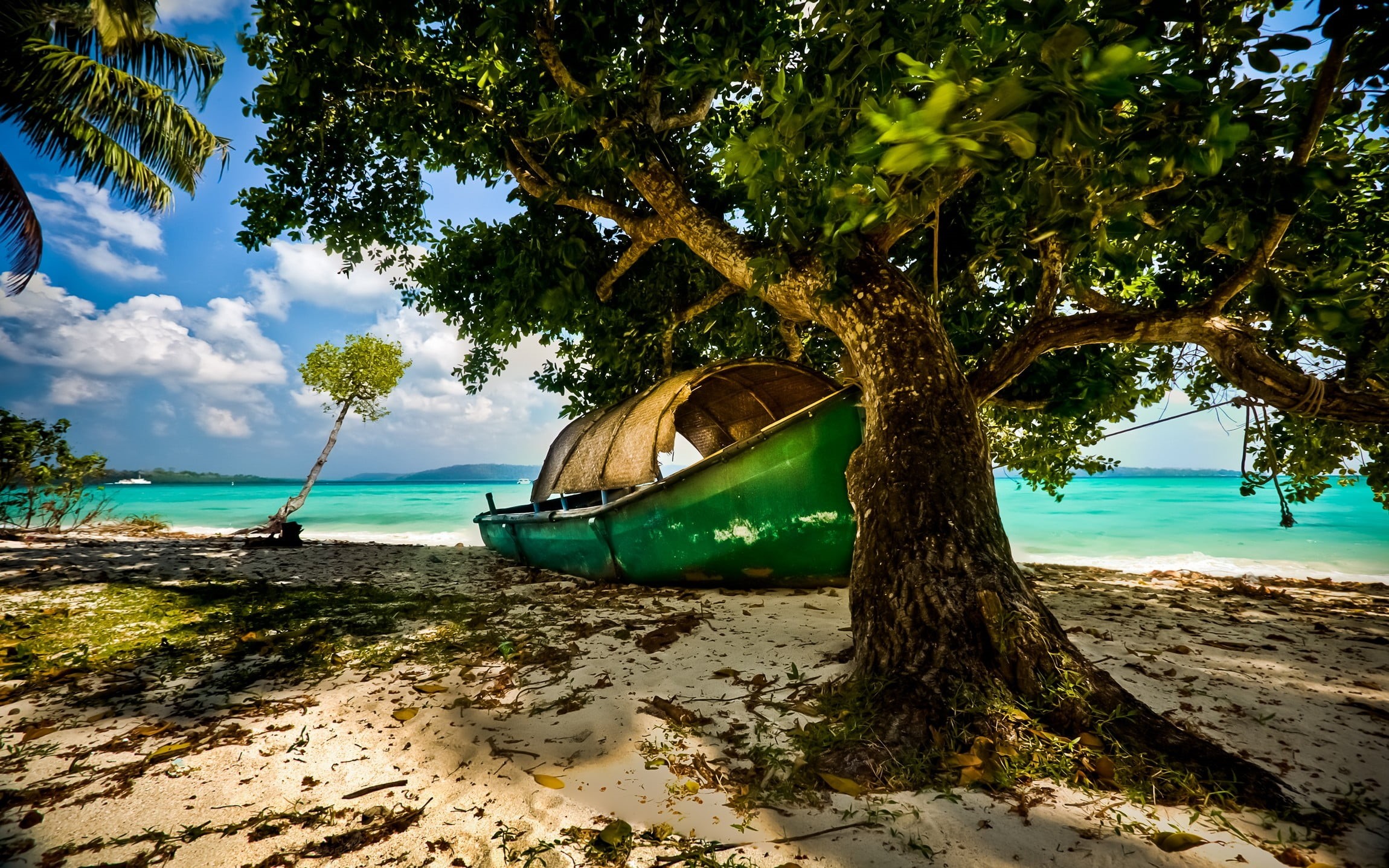 landscape, tranquility, sky, beach, nautical vessel, beauty in nature, horizon over water, island, nature, 1080P, water, plant, transportation, no people, HD Wallpaper