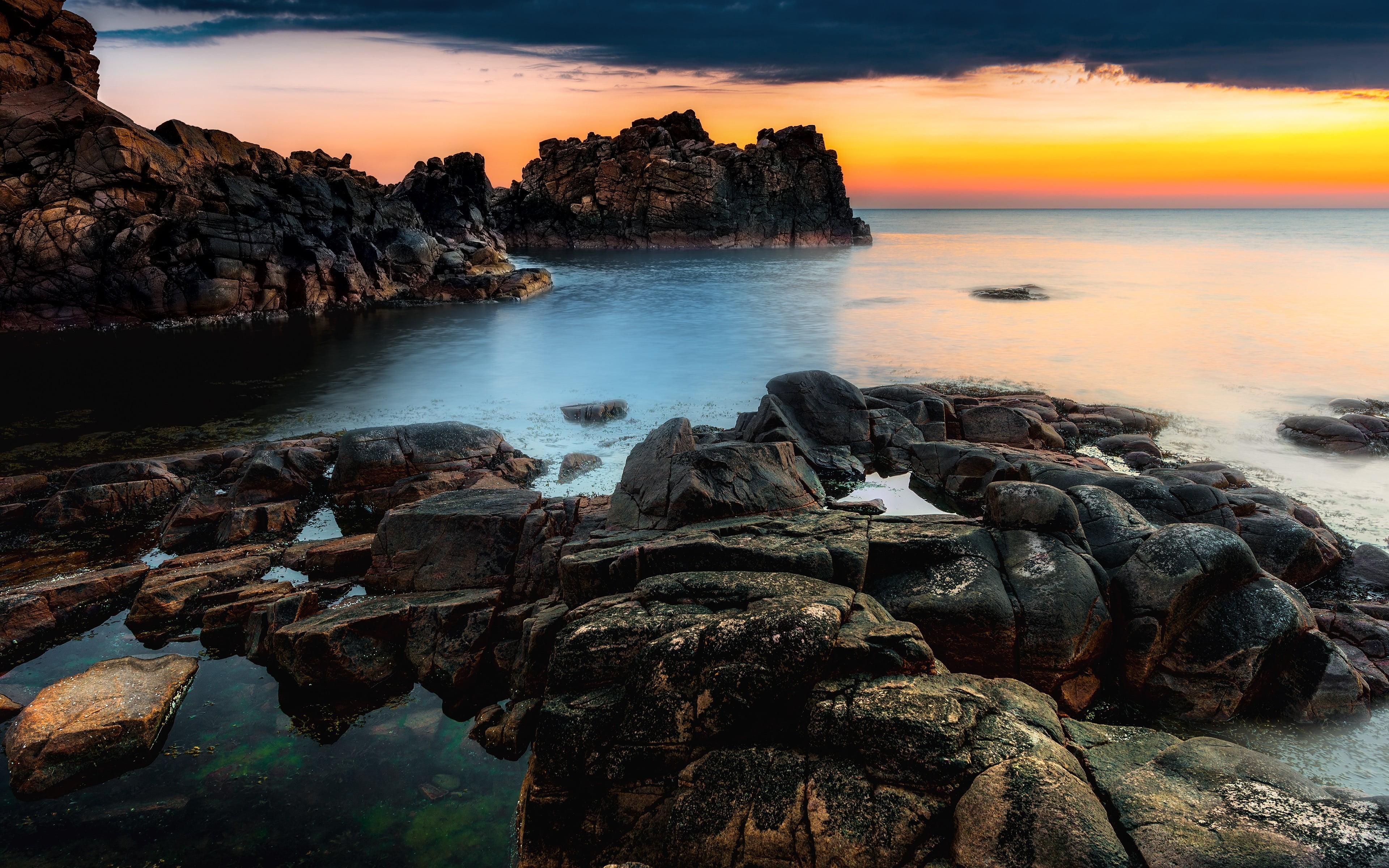 4K, sky, outdoors, sunset, long exposure, beach, tranquility, solid, cloud - sky, land, rock - object, rock, tranquil scene, horizon over water, idyllic, HD Wallpaper
