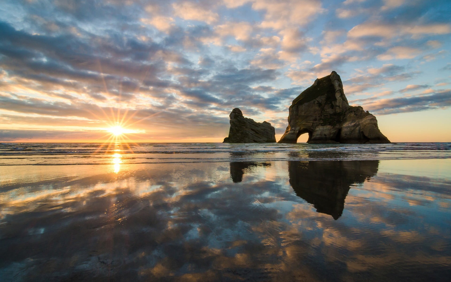 tool, 1080P, beach, nature, sunset, tranquility, metal, stack rock, reflection, landscape, sky, water, sea, cloud - sky, no people, land, rock, lens flare, HD Wallpaper