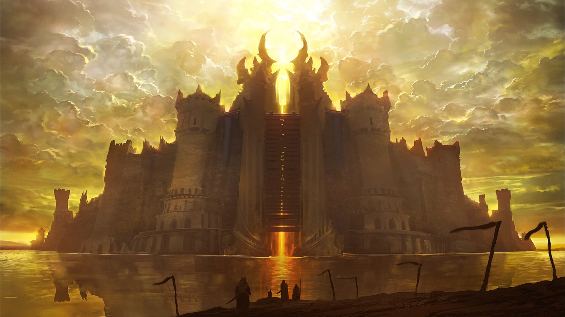 Noah Bradley, castle, fantasy art, fantasy city, 1080P, artwork, digital art, reflection, HD Wallpaper