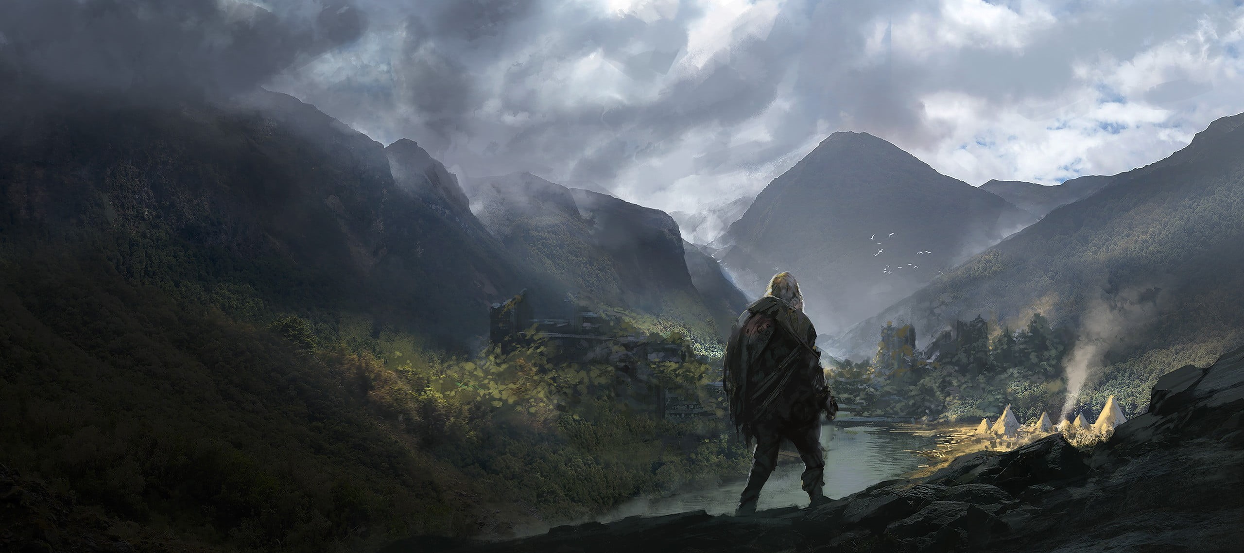 cloud - sky, landscape, leisure activity, fanart, body, fantasy art, fog, scenics - nature, Noah Bradley, standing, water, one person, travel, hiking, adventure, HD Wallpaper
