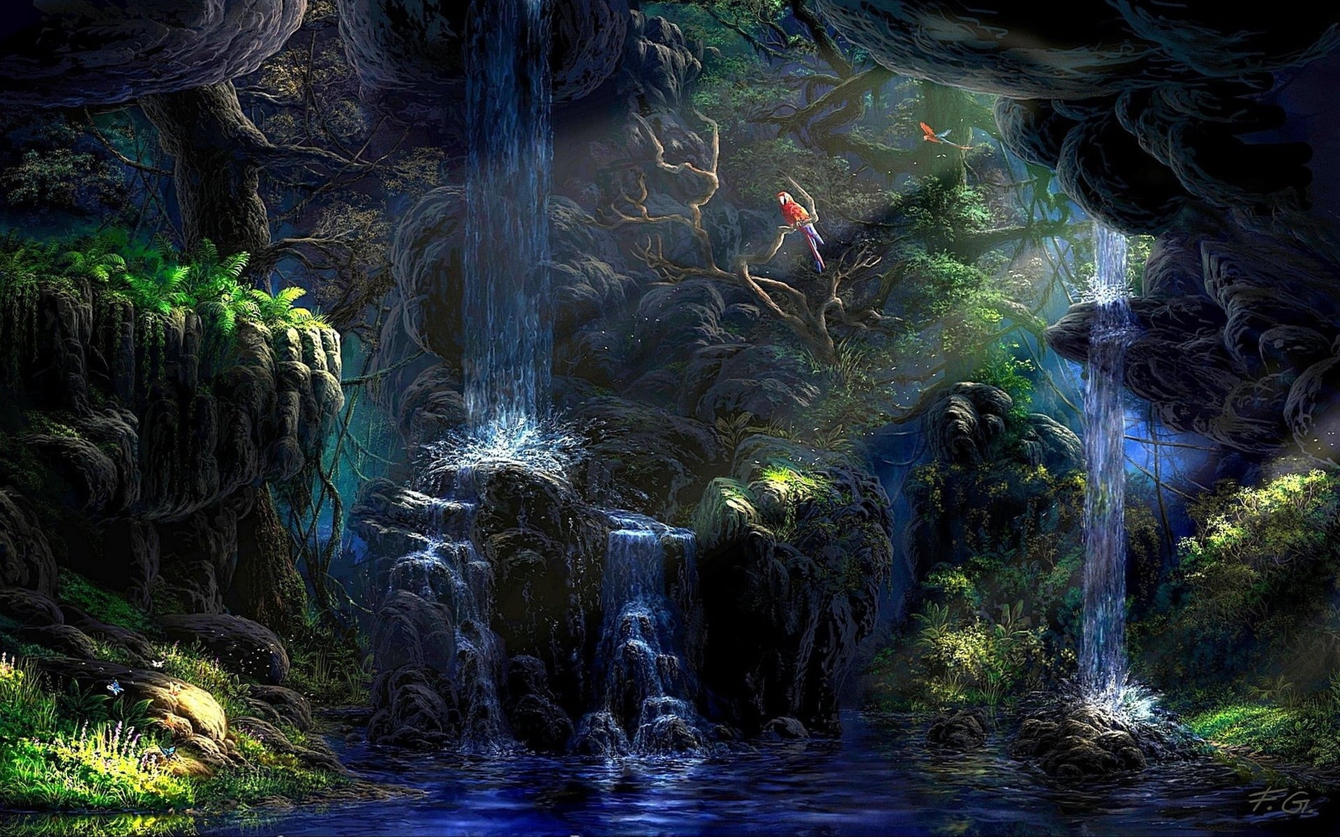 waterfront, backgrounds, flowing, multi Colored, rocks, stream, art, stalactite, fantasy, green Color, rainforest, landscape, plant, blurred motion, waterfall, HD Wallpaper