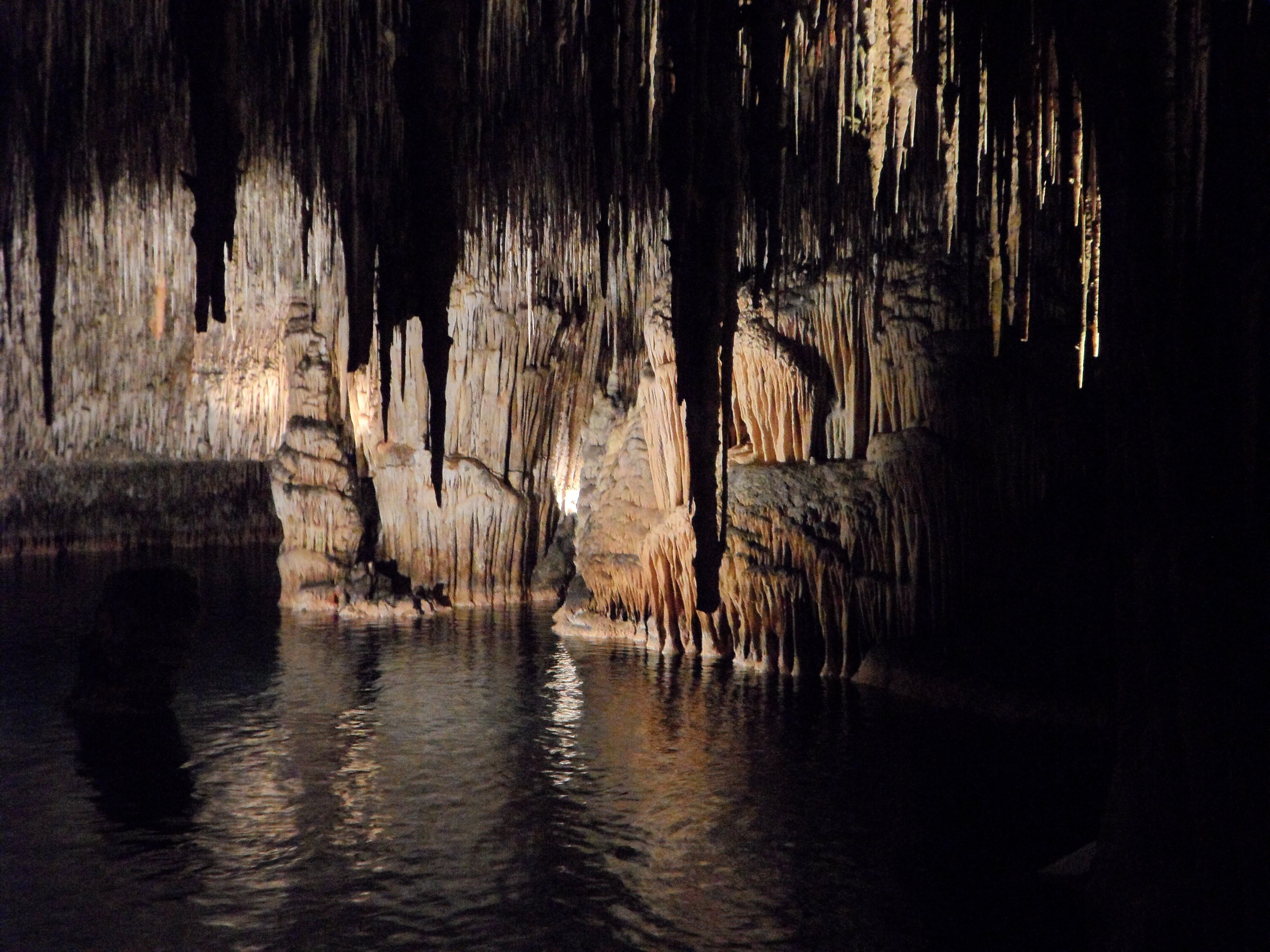 underground, tranquility, geology, rock - object, stalactite cave, nature, indoors, no people, stalagmites, lake, rock formation, 4K, eroded, illuminated, HD Wallpaper