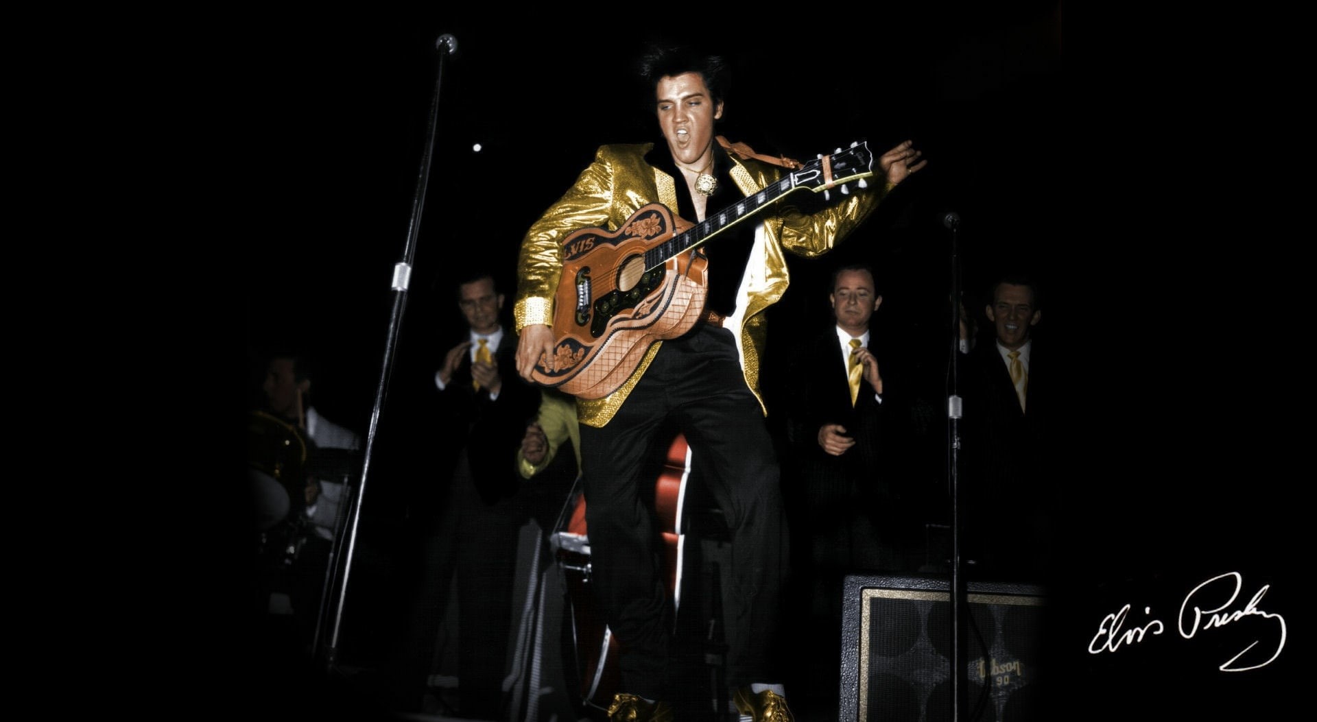 black background, men, mature adult, 50s elvis, Vintage, 68 special, artist, elvis presley, musical instrument, mature men, holding, rock music, indoors, HD Wallpaper