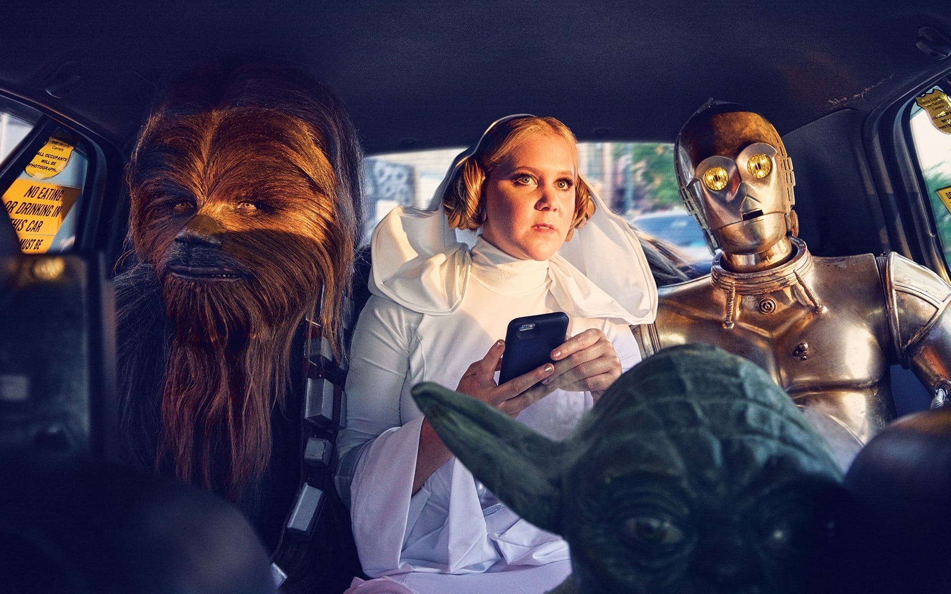 sitting, car, people, character, mode of transportation, GQ Magazine, star, Chewbacca, group of people, wars, blonde, transportation, motor vehicle, using phone, HD Wallpaper