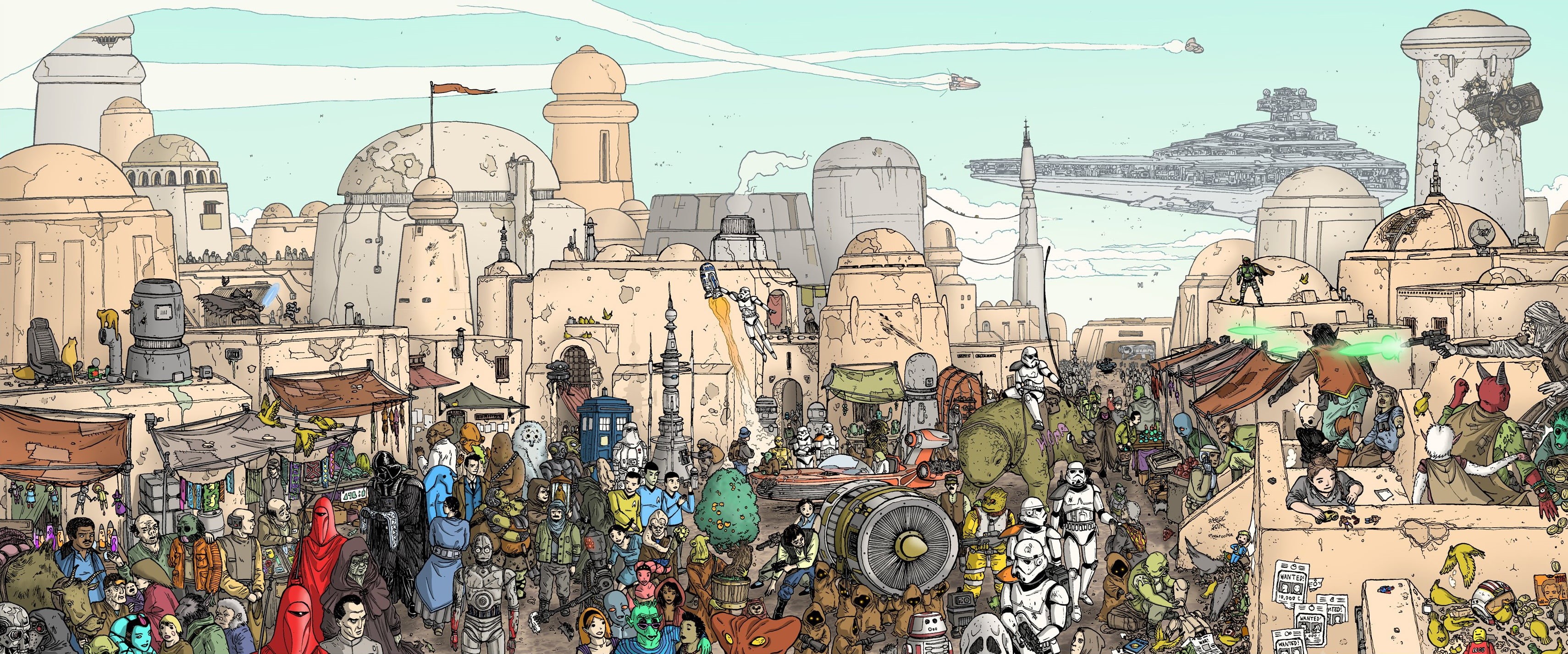 Star Wars, 2K, stormtrooper, landspeeder, R2-D2, Terminator, Boba Fett, TARDIS, Chewbacca, Darth Vader, science fiction, Lando Calrissian, Spock, artwork, HD Wallpaper