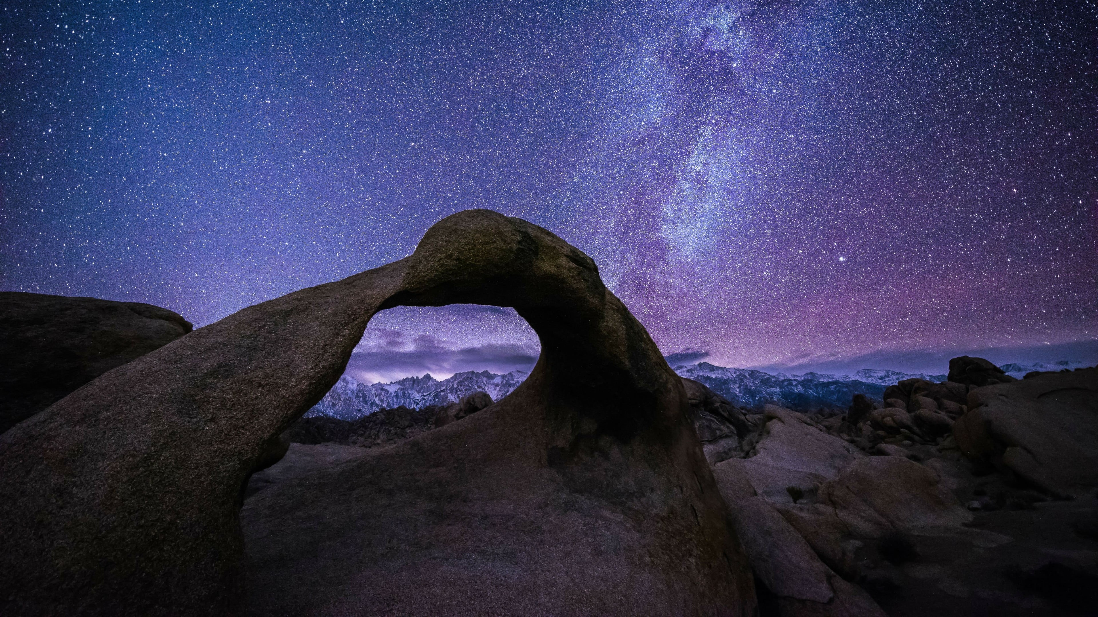 united states, mobius arch, alabama hills, night, geology, star, no people, eroded, nature, darkness, sky, lone pine, california, earth, 4K, natural arch, HD Wallpaper