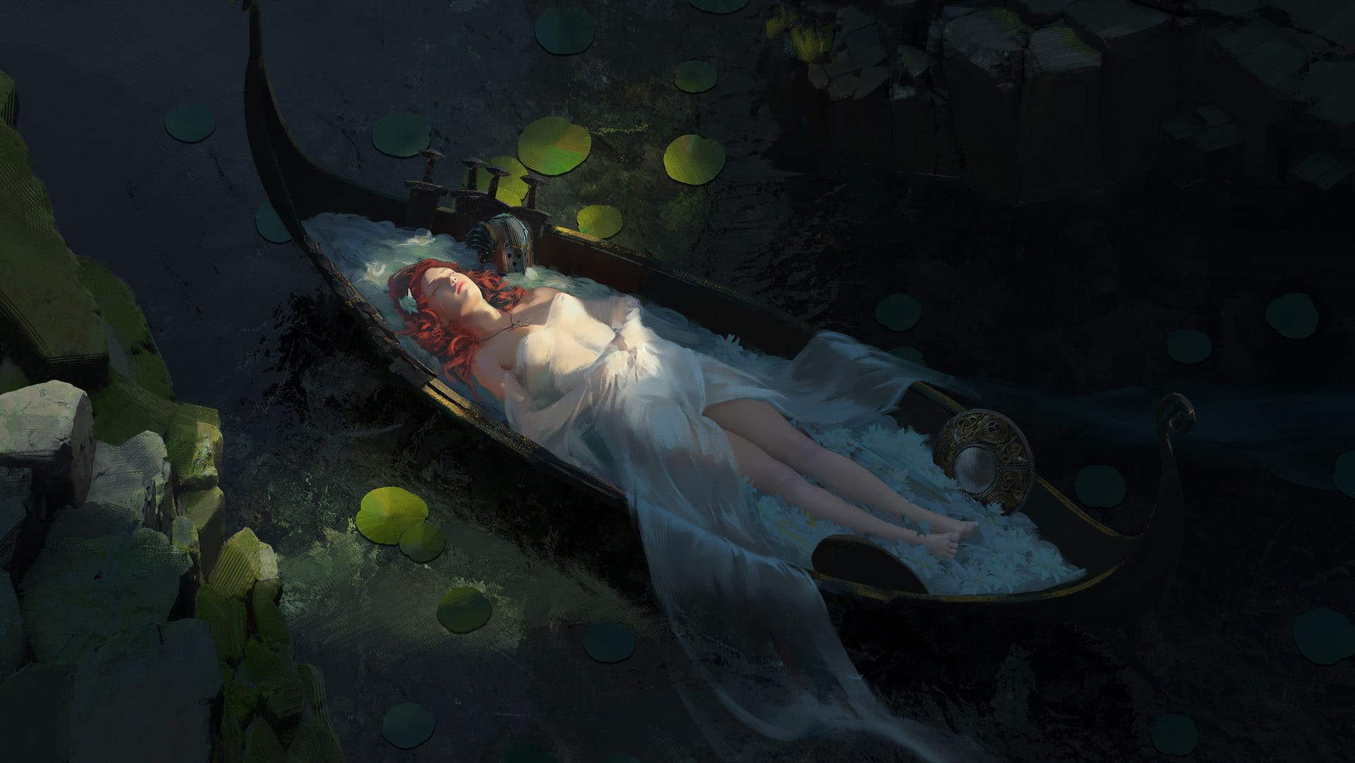 full length, adult, leaf, long hair, boat, real people, floating, nature, 1080P, beautiful woman, one person, canoe, lifestyles, lying, plant part, closed eyes, HD Wallpaper