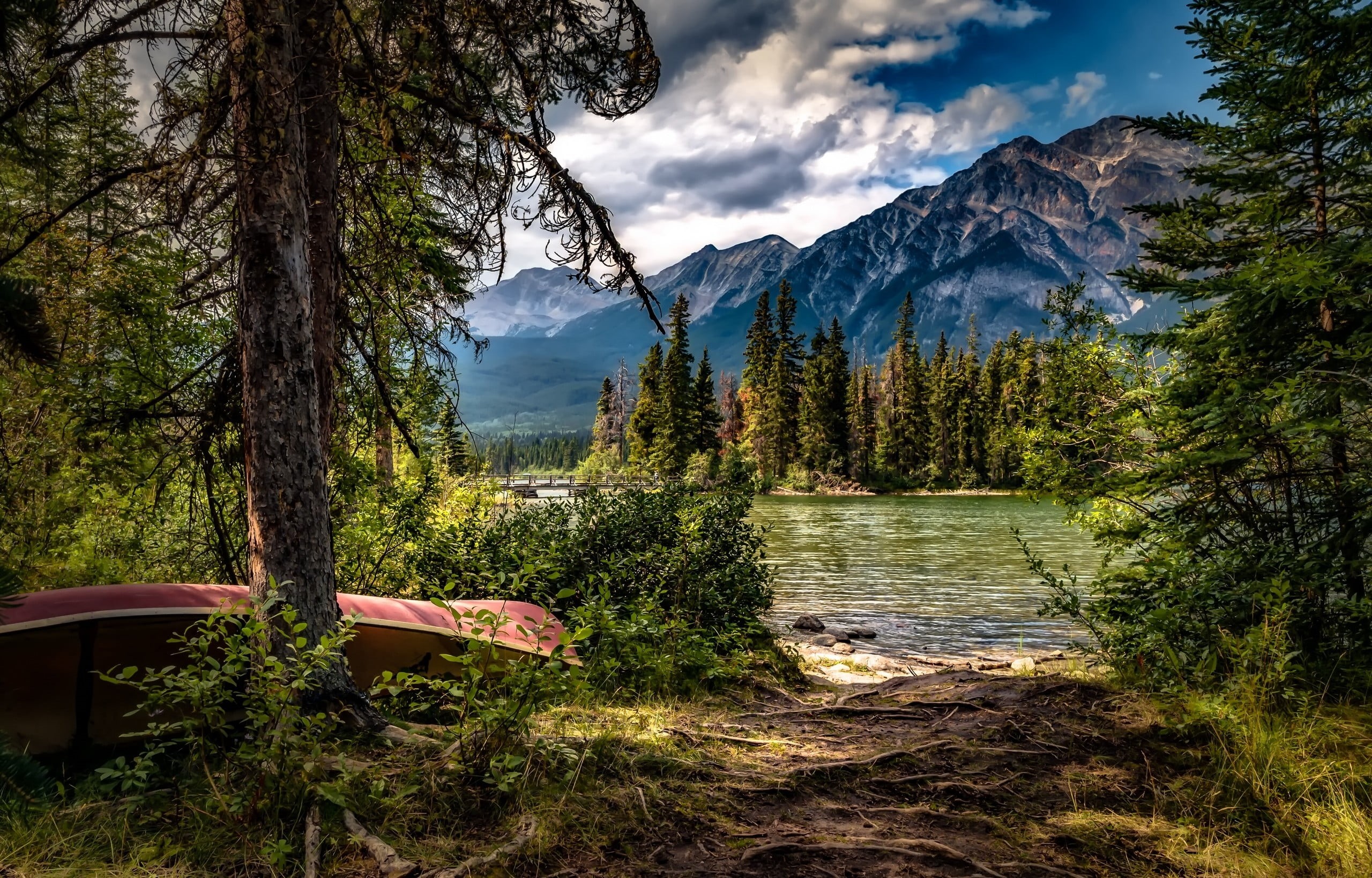growth, water, trees, day, wooden, non-urban scene, idyllic, plant, lake, sky, landscape, no people, 2K, mountain, snowcapped mountain, plants, red, tranquility, HD Wallpaper