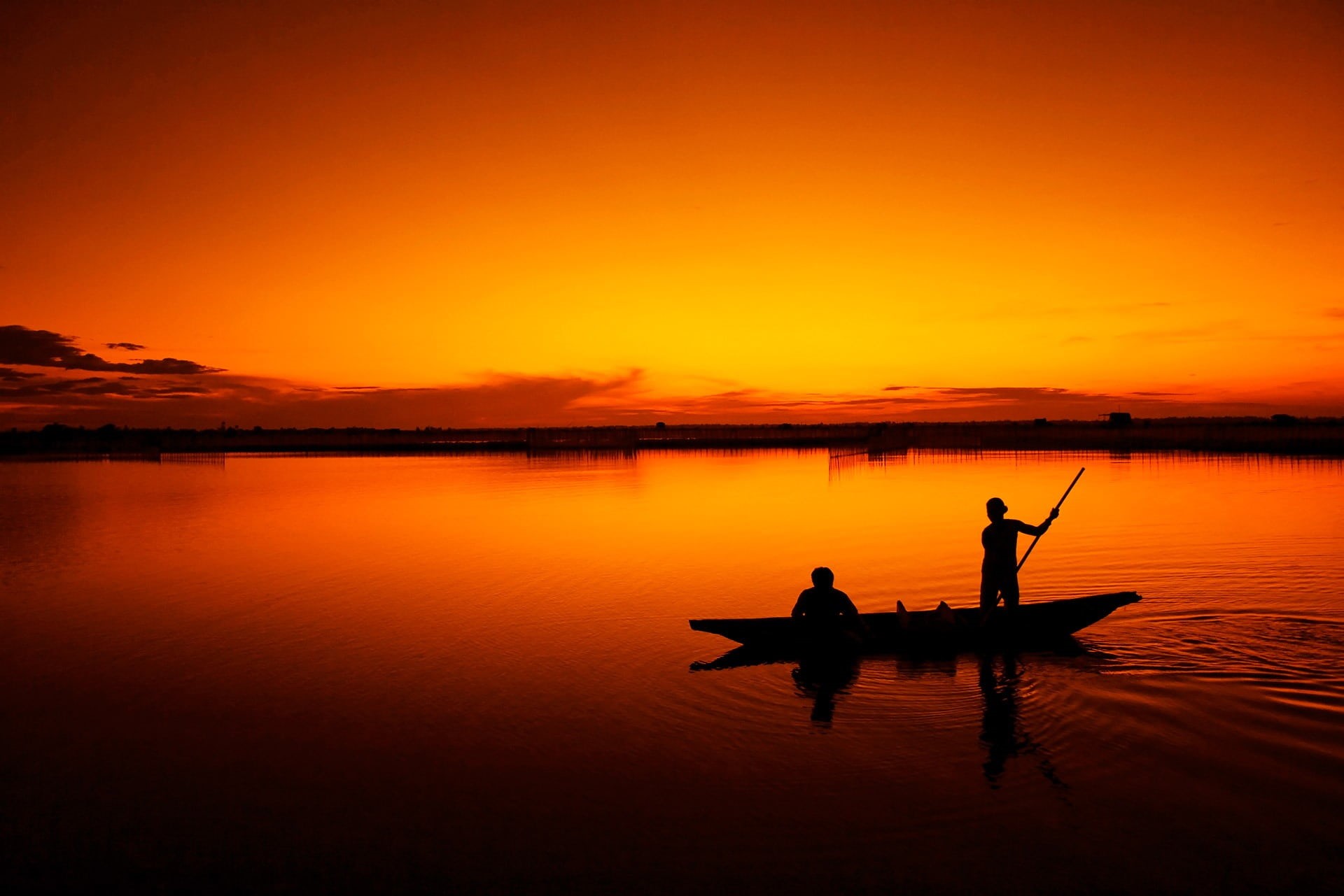 sunrise, people, water, hue, nautical Vessel, sea, scenics - nature, tranquil Scene, ocean, silhouette, rowing, fishing, canoe, sky, oar, outdoors, golden, HD Wallpaper