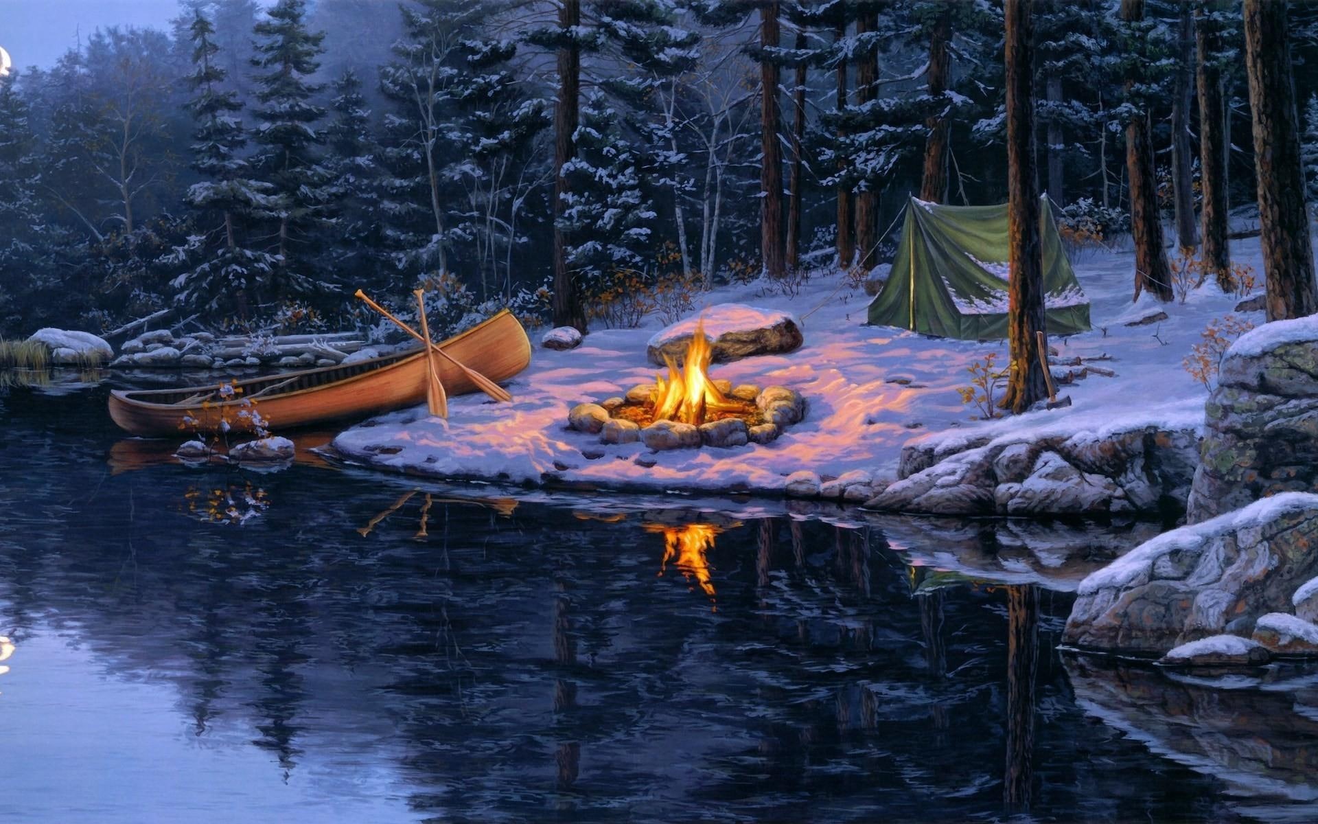 canoe, near, winter, boat, 1080P, river, green, painting, pit, snow, camping, fire, fantasy, tent, brown, 1920x1200, HD Wallpaper
