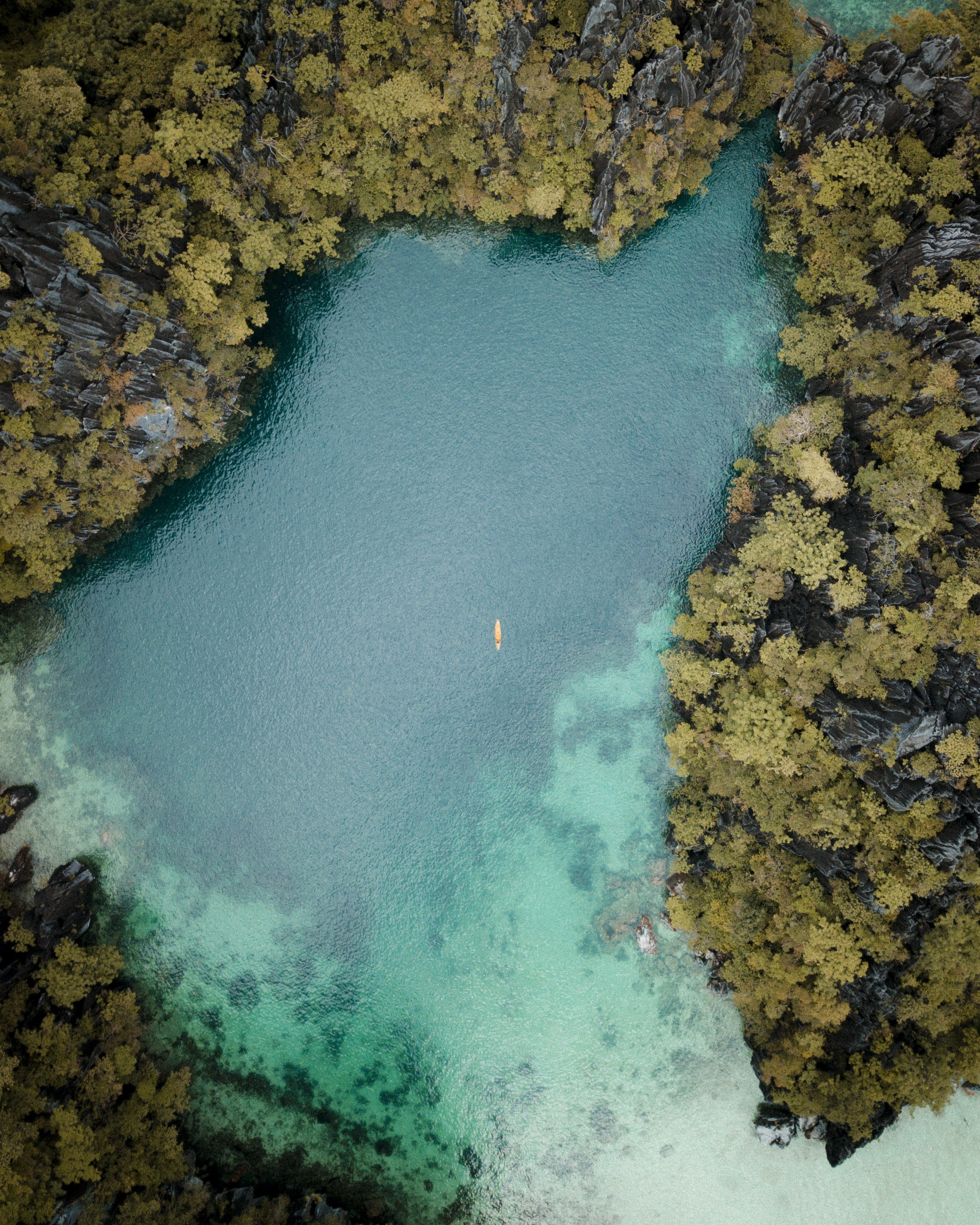 boat, green Color, rock - Object, scenics, summer, environment, water, kayak, philippines, ocean, explore, river, backgrounds, 2K, body, trees, no People, Phone HD Wallpaper