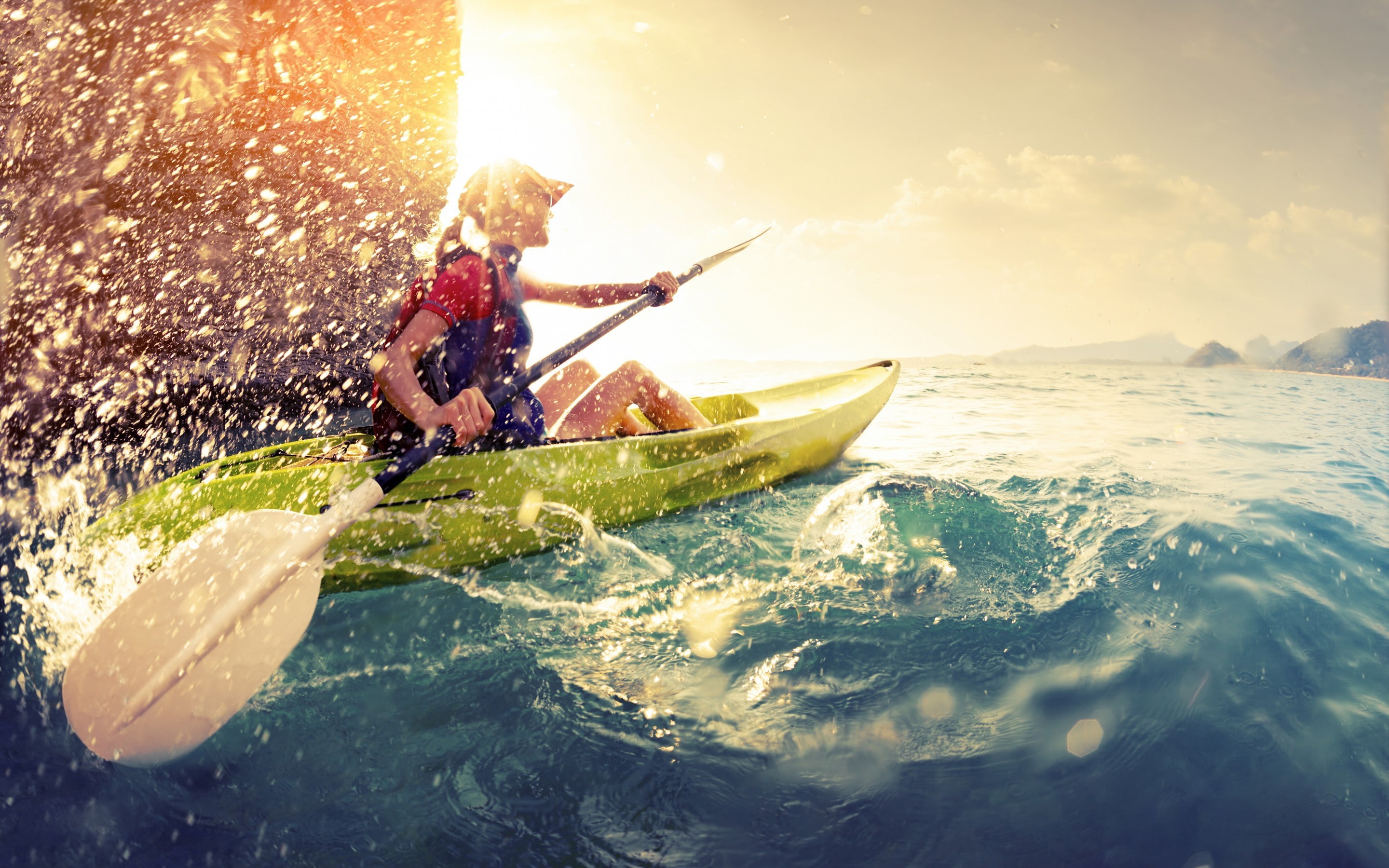 women, riding, shirt, red, kayak, rowing, s, 2K, sun, green, water, HD Wallpaper