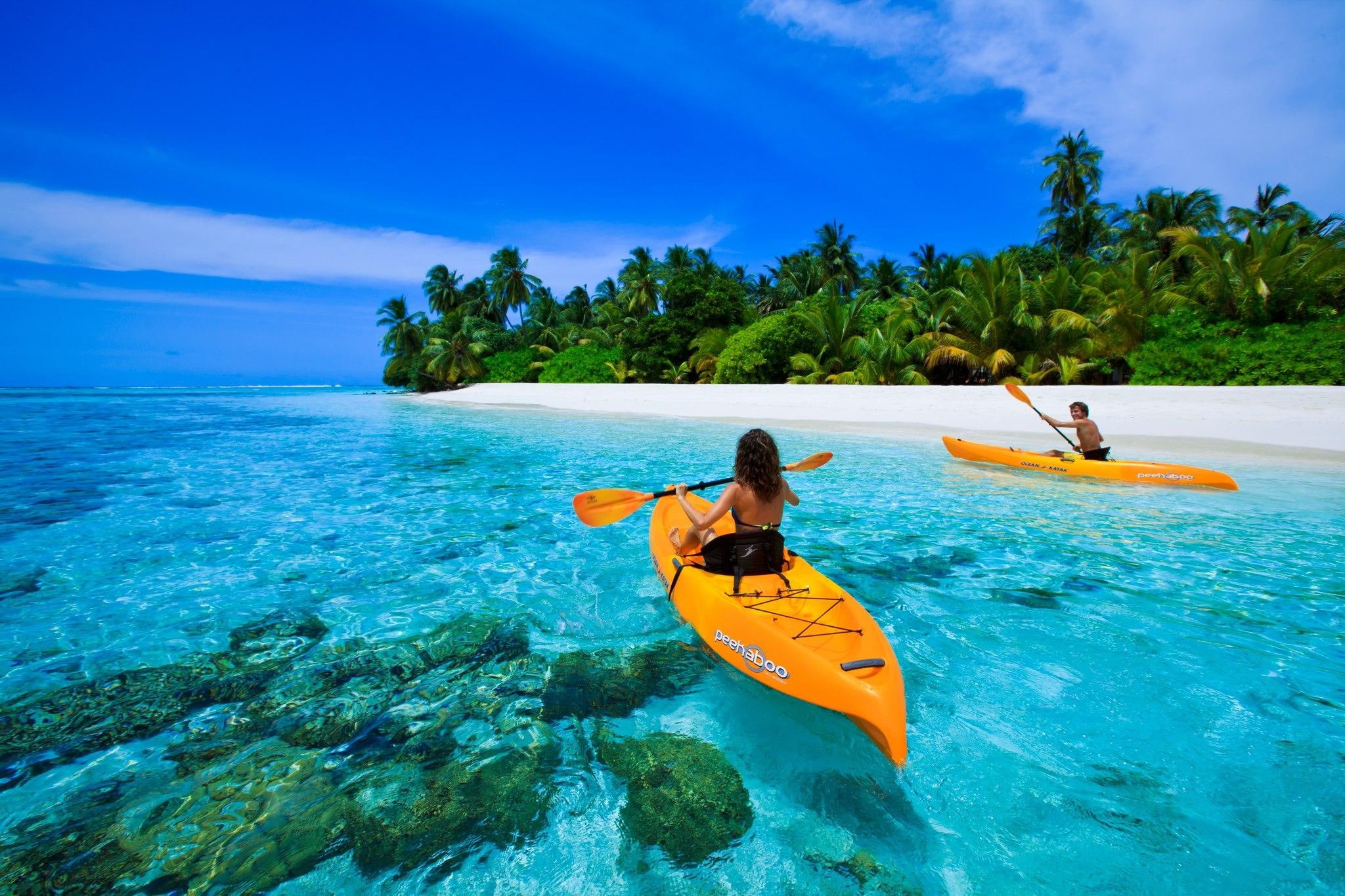 two, boat, 1080P, beach, sand, tropical, atoll, kayak, island, blue, ocean, exotic, para, canoe, lagoon, orange, maldives, HD Wallpaper