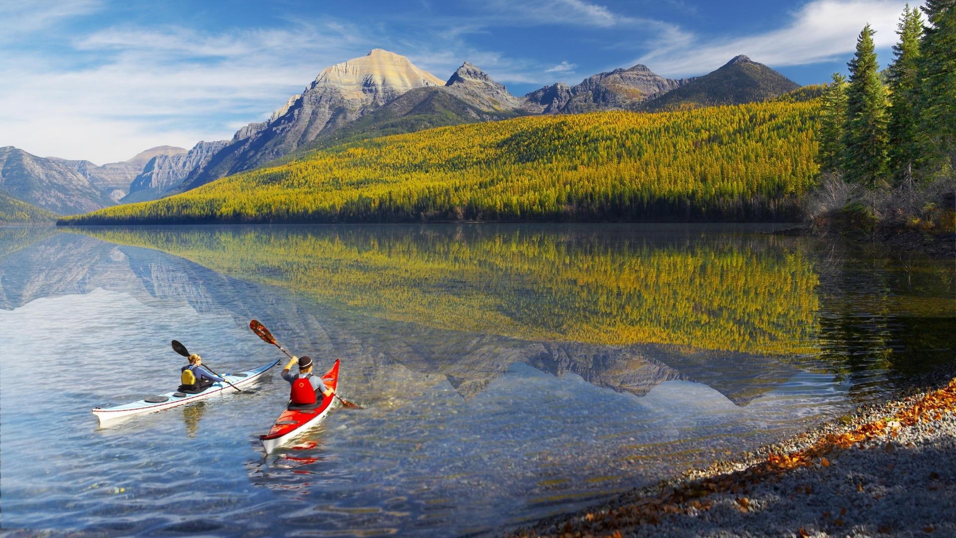 peopl, blue, 1080P, water, kayaks, trees, boats, forest, clouds, around, lake, kayaking, white, autumn, nature, HD Wallpaper