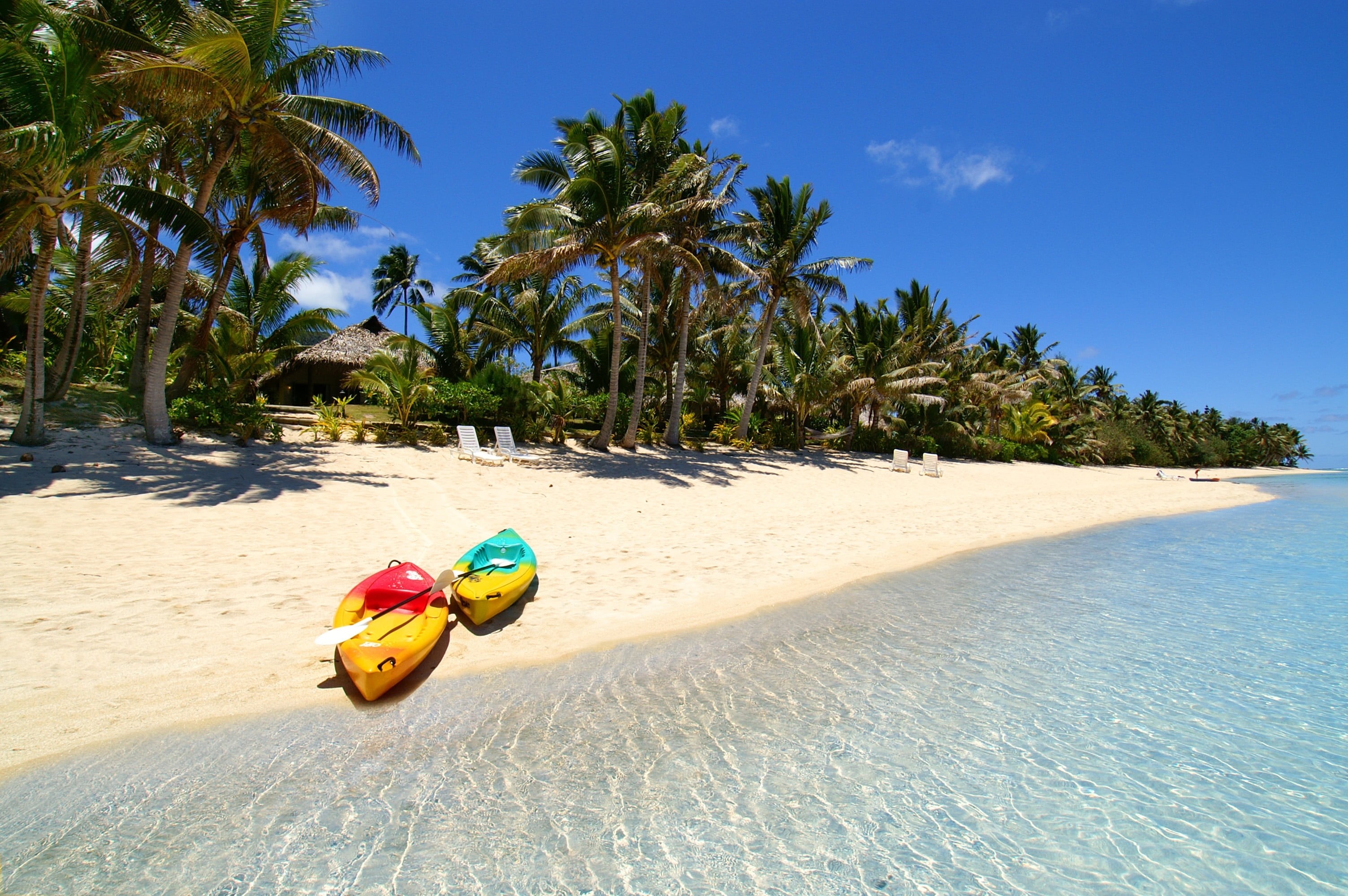 inflatable, nautical vessel, blue, palm trees, day, journey, sunlight, travel Destinations, holiday, kayaks, maldives, two, outdoors, tropical Climate, HD Wallpaper