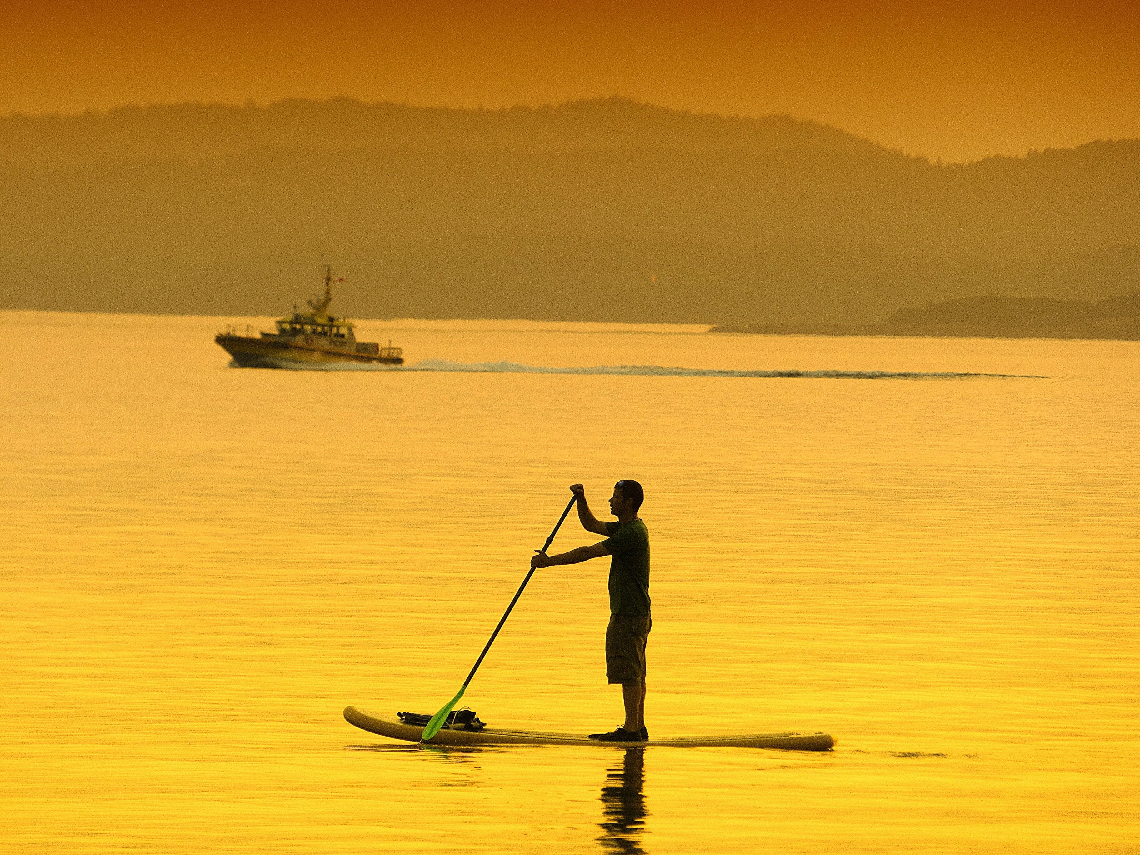 Vancouver Island, kayak, padded, man, Lekwungen, nautical Vessel, paddleboarding, people, 2K, sport, heat wave, sea, outdoors, Sunset .. Vancouver, paddleboard, HD Wallpaper