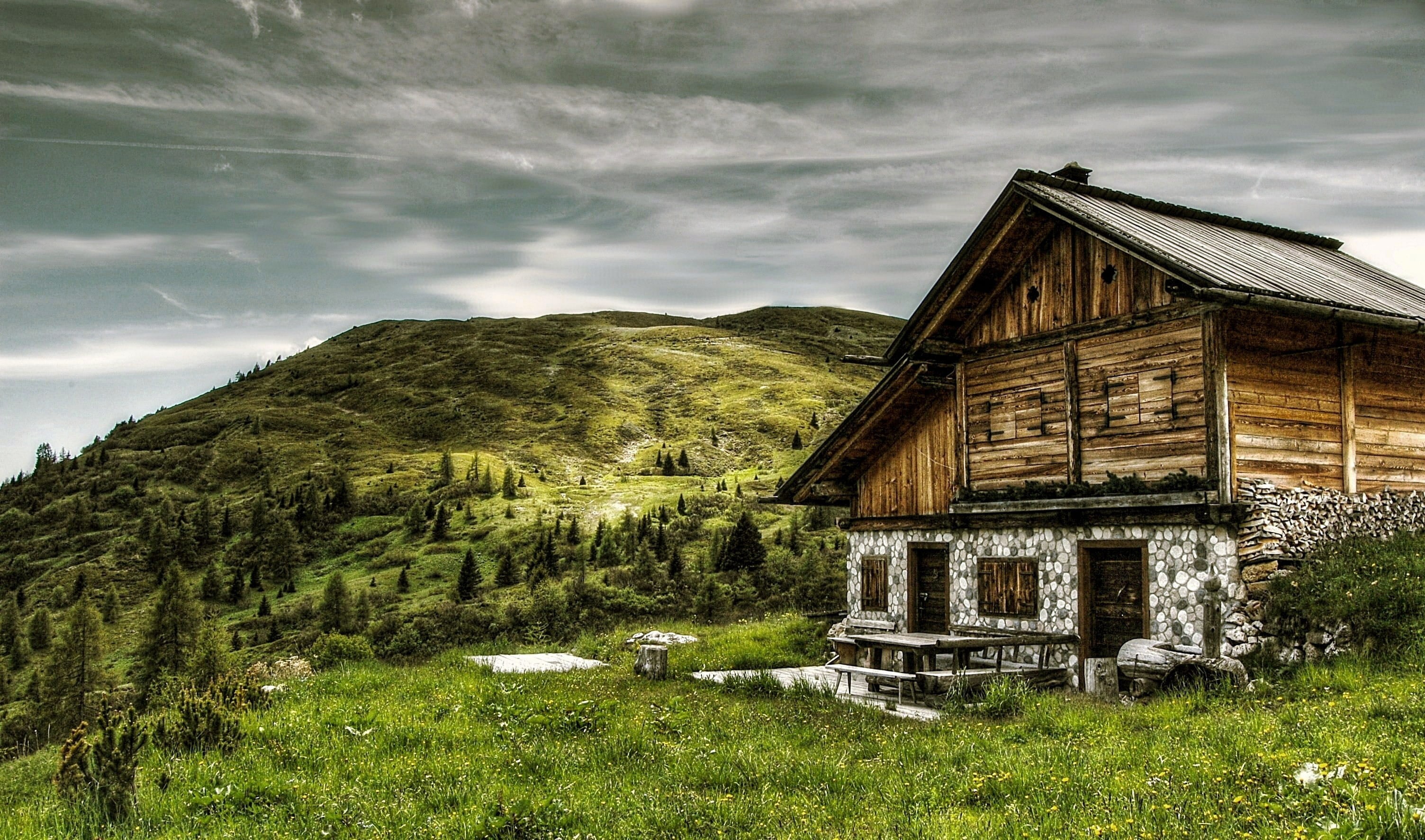 old, mountains, wooden, plant, trentino, grass, hiking, clouds, building exterior, 2K, unesco world heritage, architecture, green color, scenics - nature, HD Wallpaper