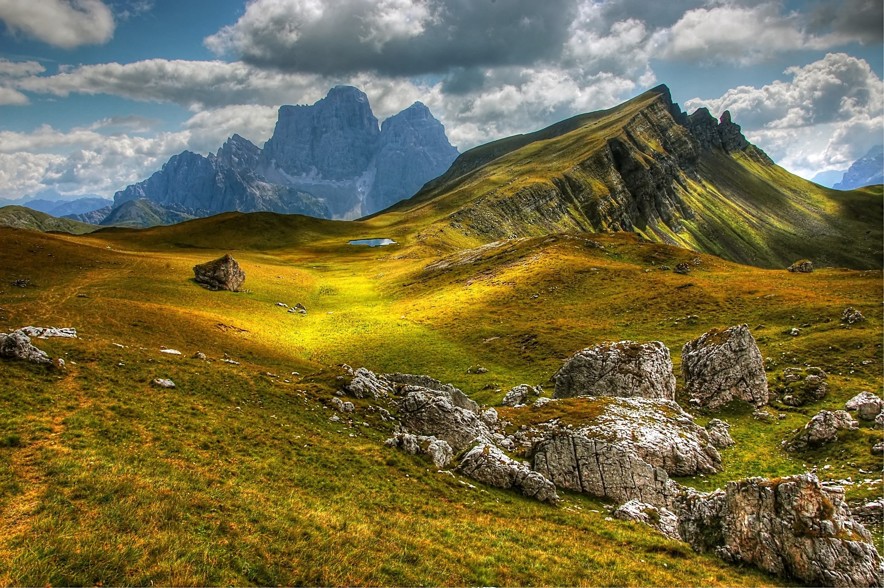 hiking, non-urban scene, snowcapped mountain, rock - object, green color, nature, land, alm, bergsee, belluno, white, scenics - nature, alpine panorama, HD Wallpaper