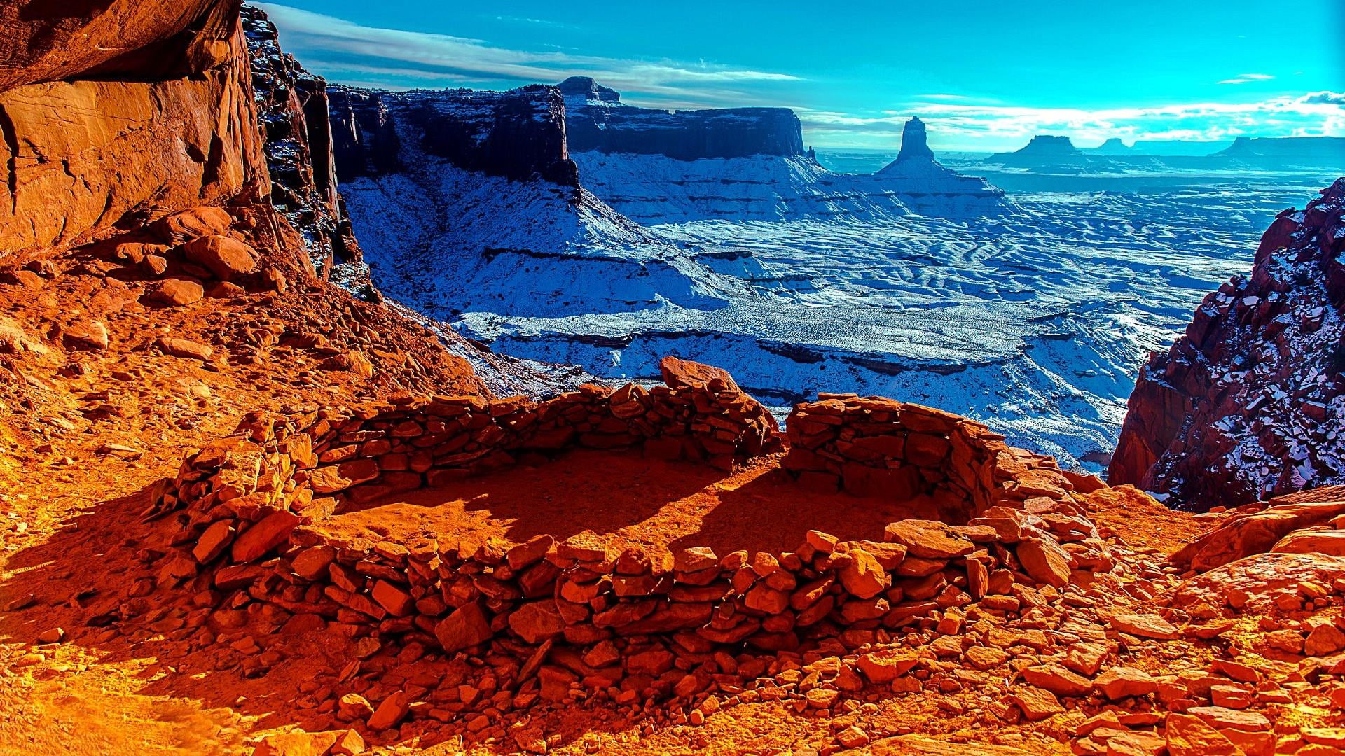 national park, utah, stunning, solid, beauty in nature, environment, landscape, canyonlands, false kiva, outdoors, usa, mountain, day, canyon, 1080P, geology, HD Wallpaper