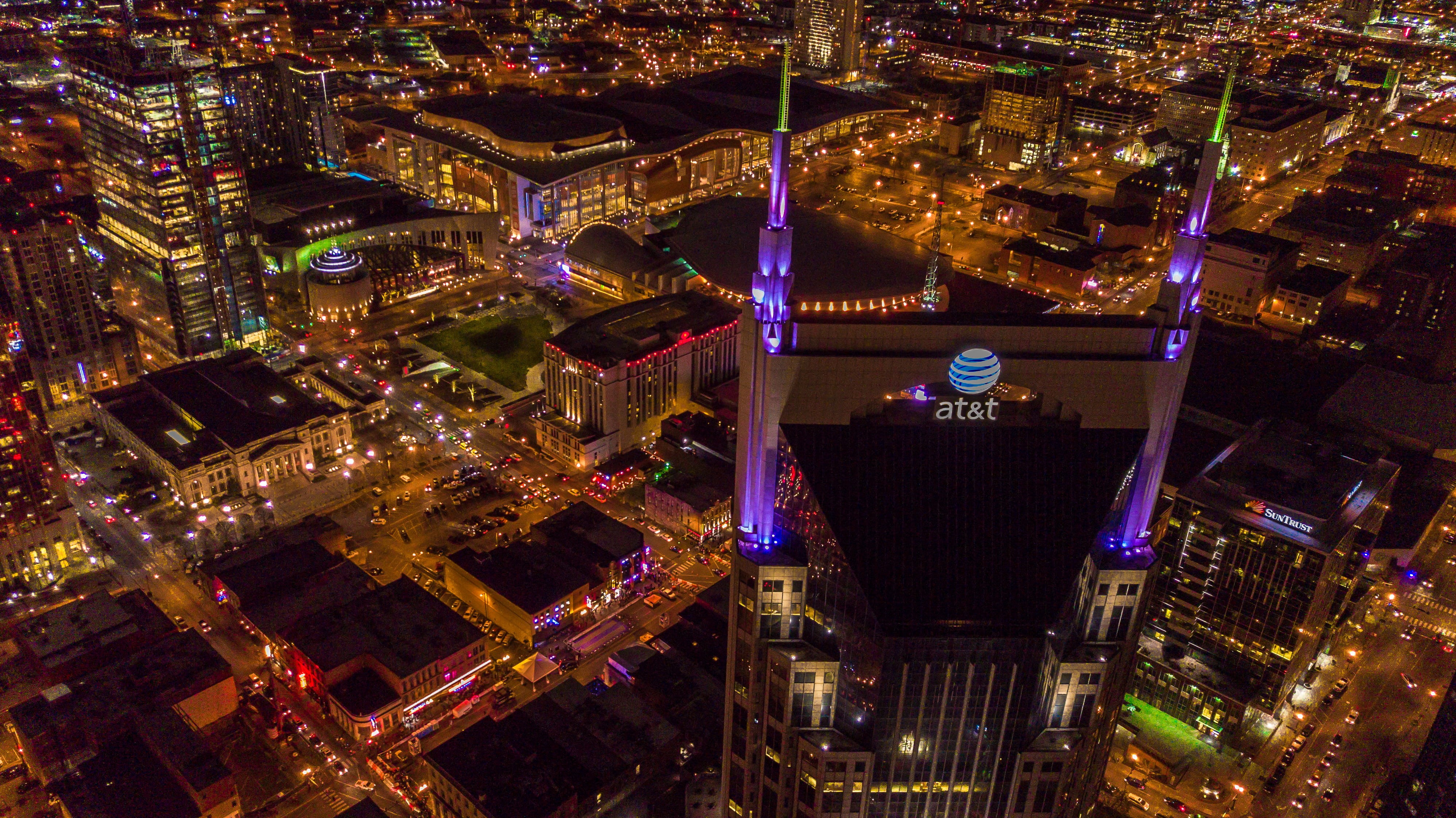 aerial view, tall - high, travel destinations, residential district, night, city life, country, skyscraper, nashville, hall of fame, drone, country music, HD Wallpaper