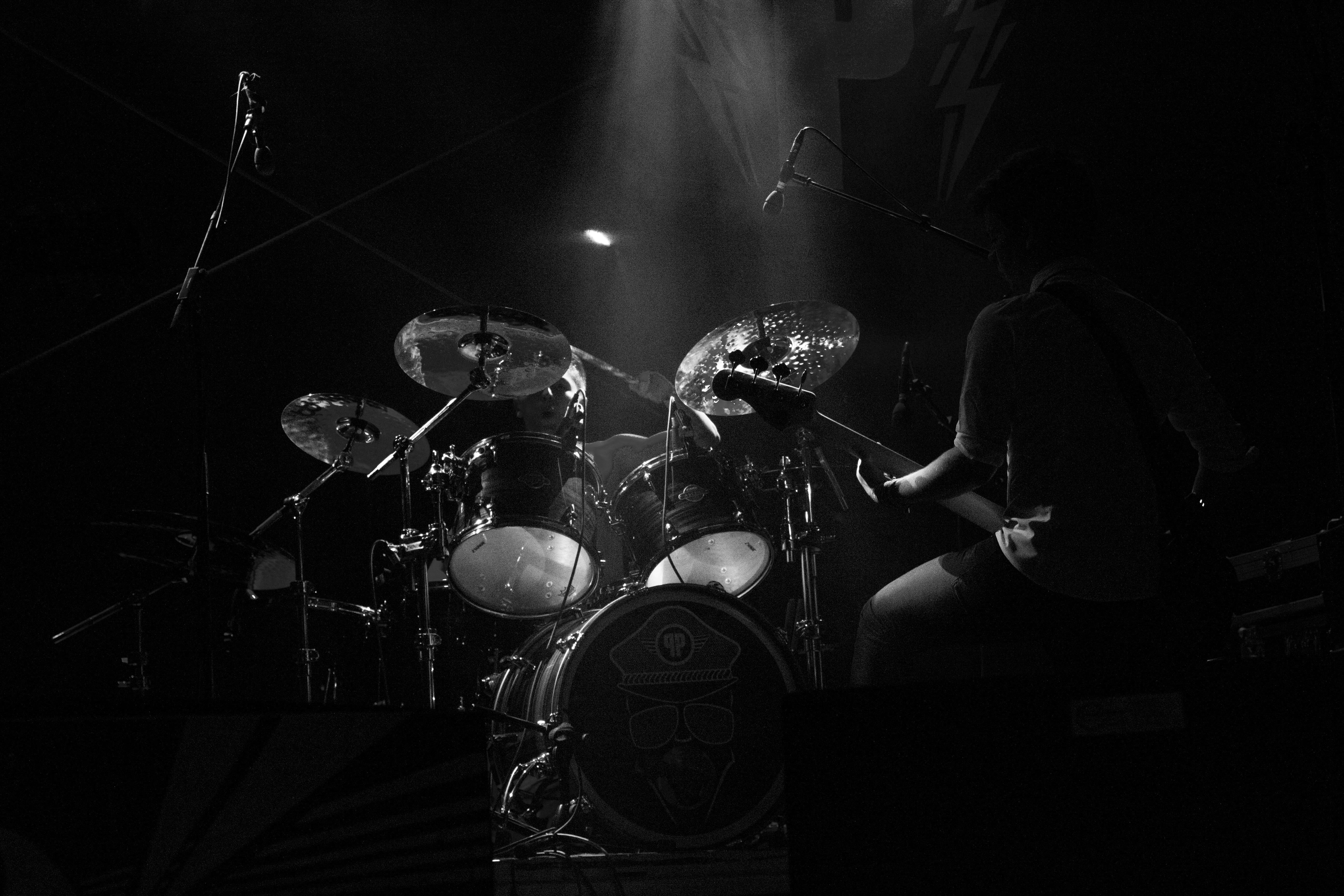 microphone, adult, people, grayscale, instrument, arts culture and entertainment, musician, drumset, 5K, skill, enjoyment, nightlife, band, playing, indoors, HD Wallpaper
