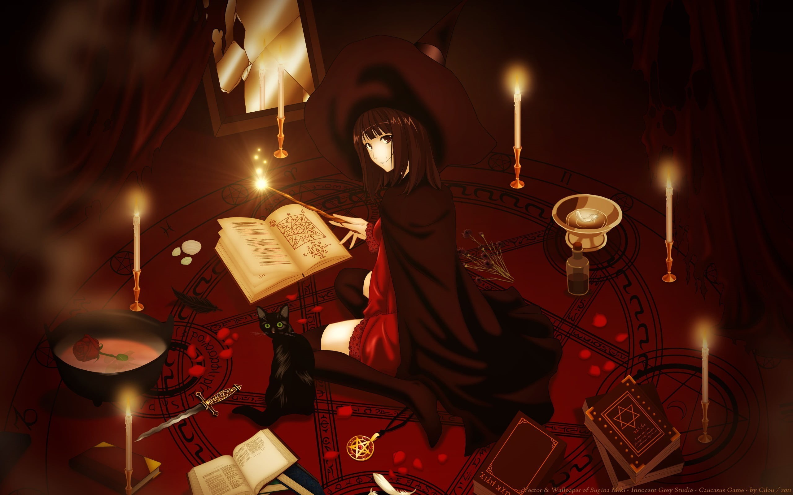 music, anime girls, entertainment occupation, original characters, red, electric guitar, illuminated, haired, arts culture and entertainment, indoors, witch, HD Wallpaper