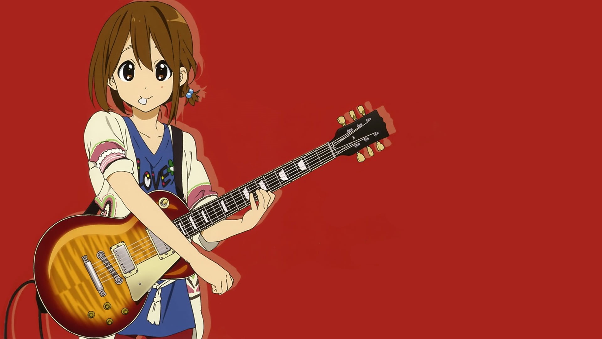 red, Hirasawa Yui, music, plucking an instrument, artist, musical equipment, colored background, string instrument, guitar, rock music, 1080P, K-ON!, child, HD Wallpaper