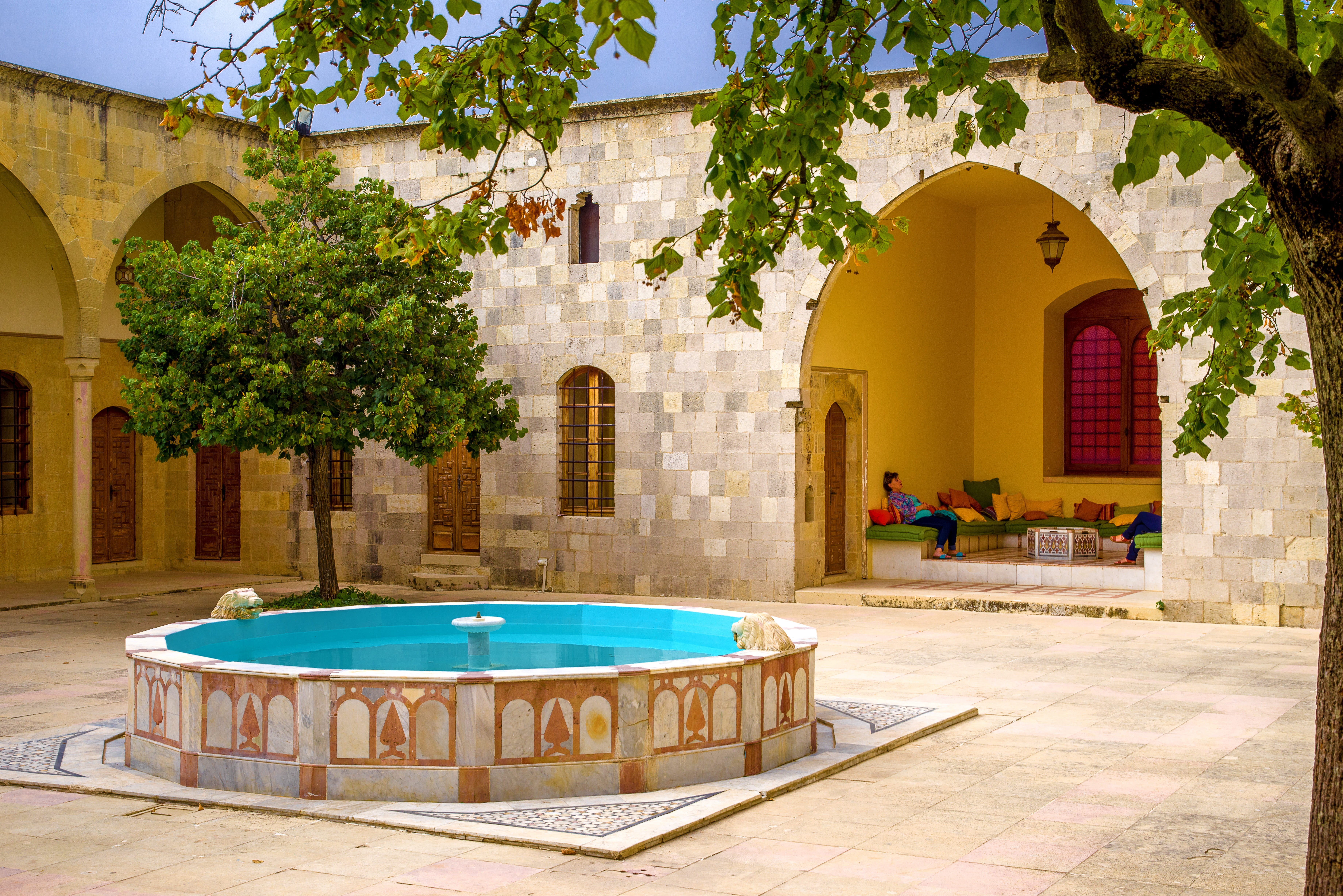 plant, building exterior, spirituality, stone, architecture, beit ed dine, sunlight, nature, religion, lebanon, rest, fountain, arch, water, pavement, wall, HD Wallpaper