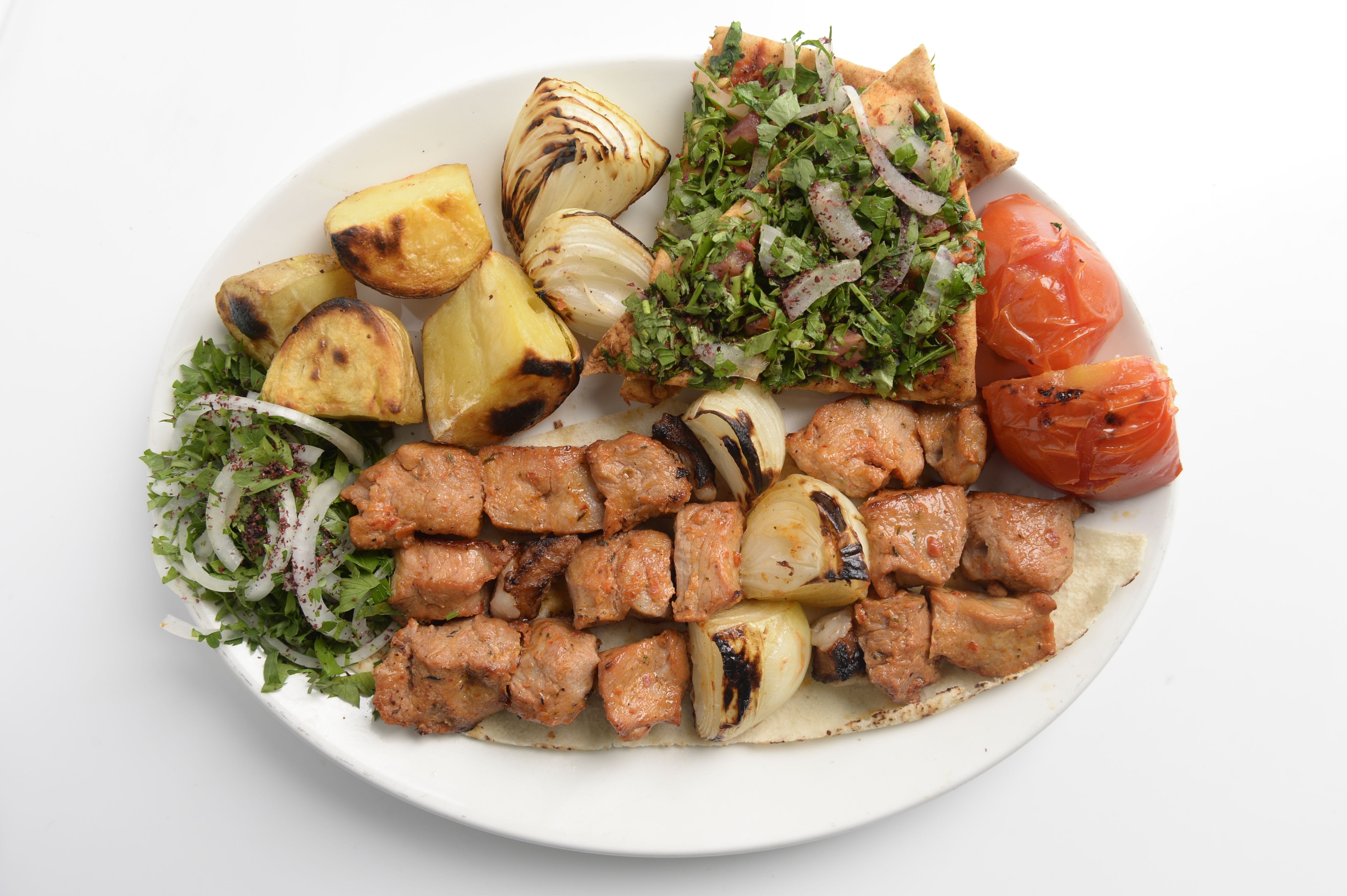 food, platter, mediterranean, garnish, bread, close-up, healthy eating, combo, tasty, high angle view, indulgence, ready-to-eat, kebab, salad, tomato, lebanon, HD Wallpaper