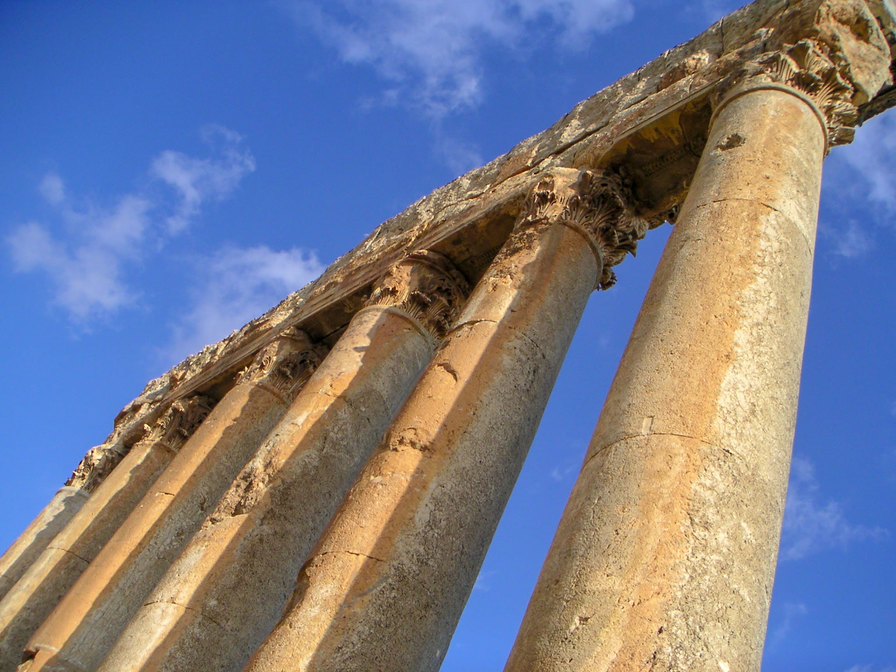 architecture, place of worship, travel, 2K, roman ruins, architectural column, day, travel destinations, ancient, blue, religion, the past, low angle view, HD Wallpaper
