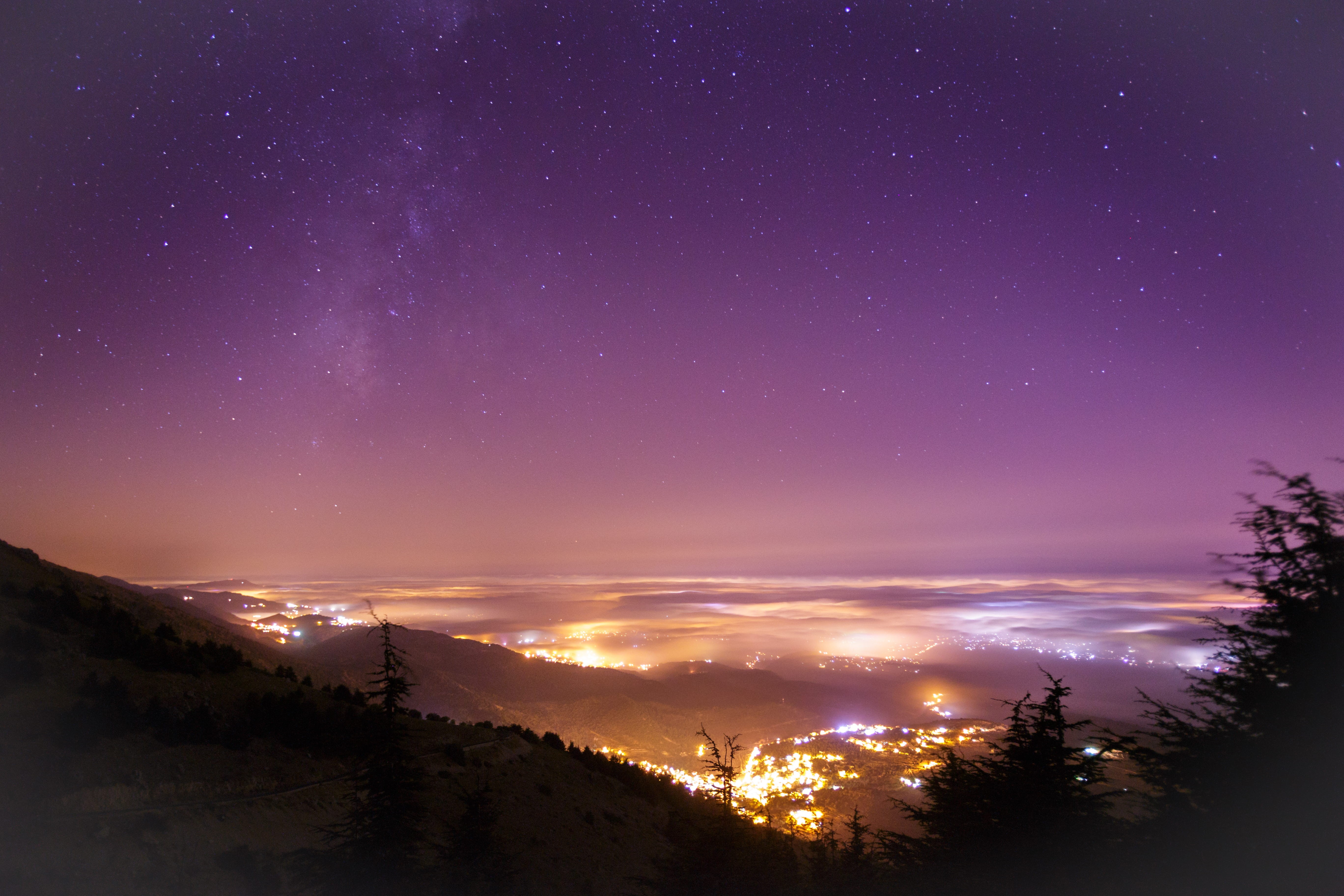 night sky, tranquility, sunset, outdoors, dusk, night, galaxy, aerial, time, starry night, sunrise, milky way, mountain, plant, sky, illuminated, tree, HD Wallpaper