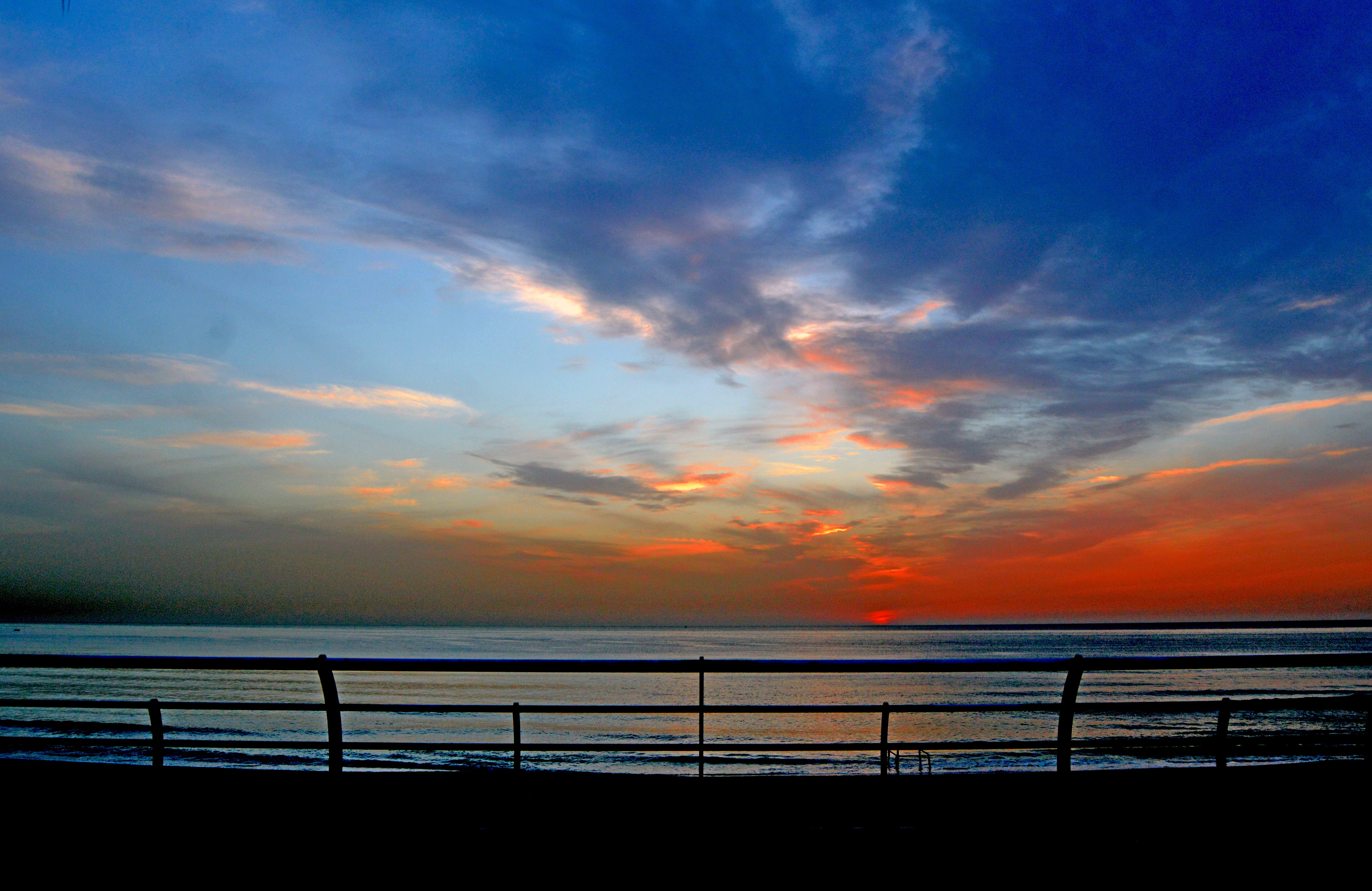 clouds, cloud - sky, sky, color, water, 5K, railing, background, beirut, sea, orange color, sunset, beauty in nature, lebanon, tranquility, land, silhouette, HD Wallpaper