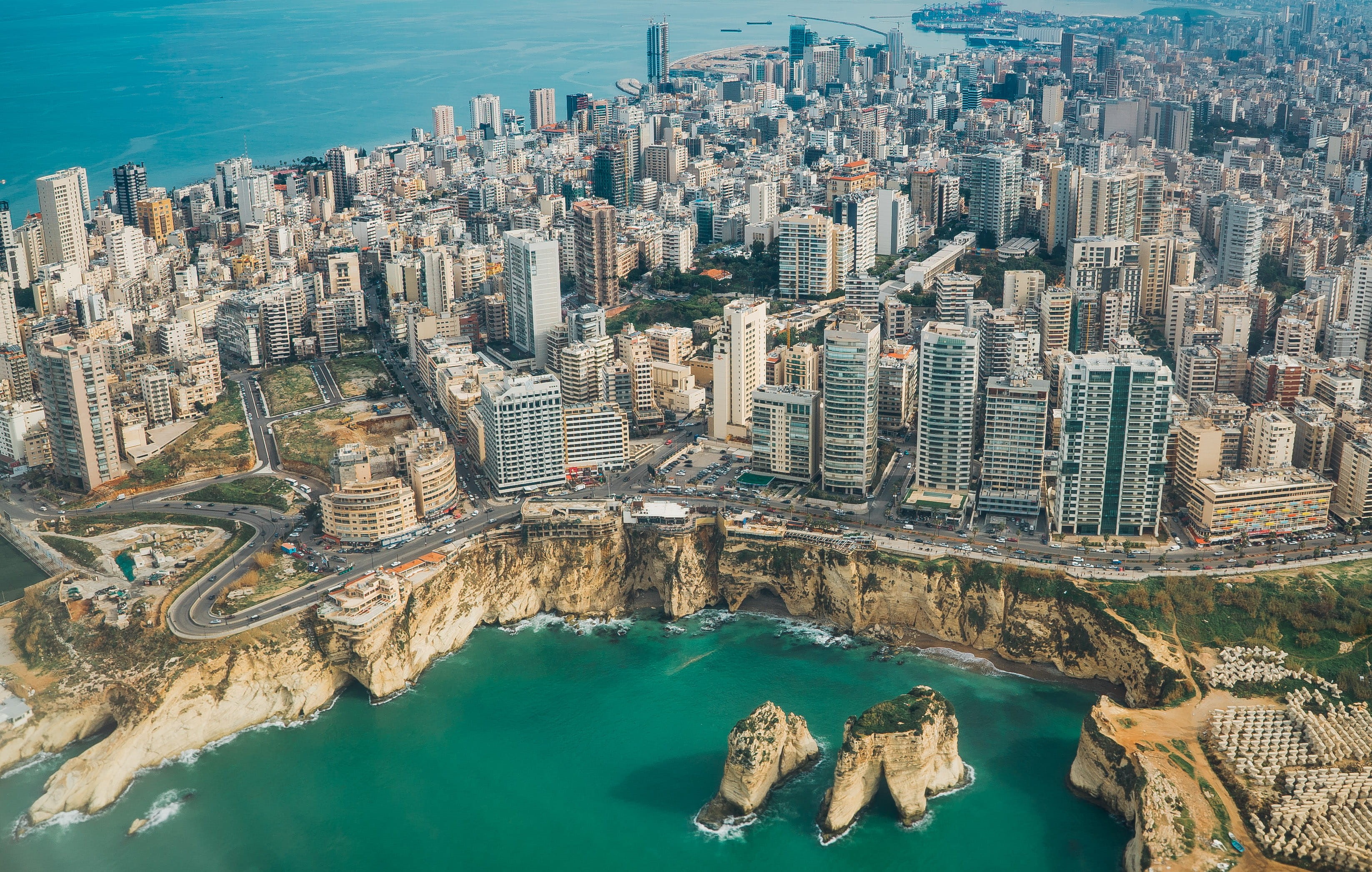 no people, Beirut, rock, high angle view, modern, architecture, bay, skyscraper, eye, drone view, scenics, urban Scene, turquoise colored, view, harbor, HD Wallpaper