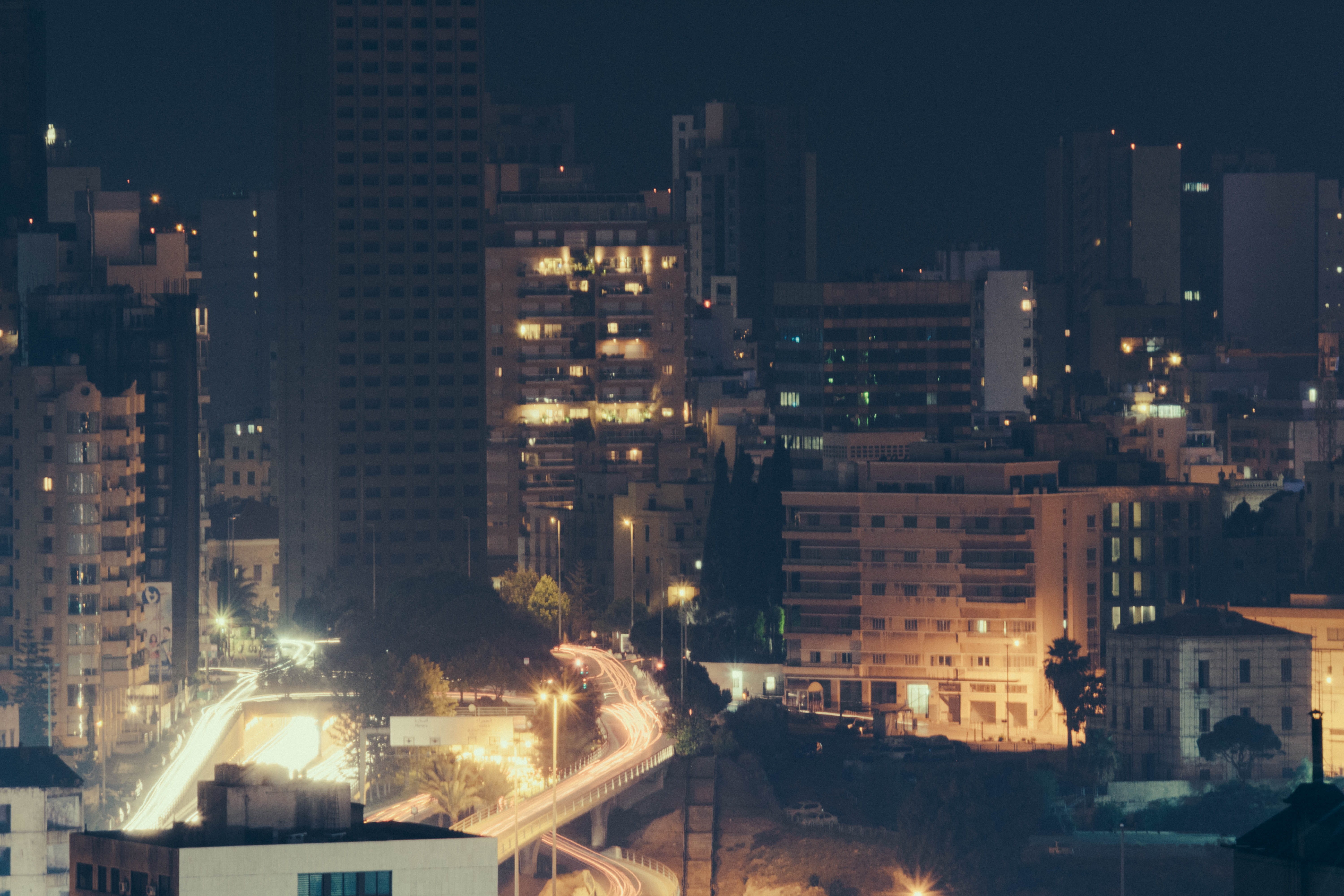 outdoors, long exposure, dark, apartment, street, 5K, illuminated, architecture, beirut, building, built structure, city, cityscape, city life, residential district, HD Wallpaper