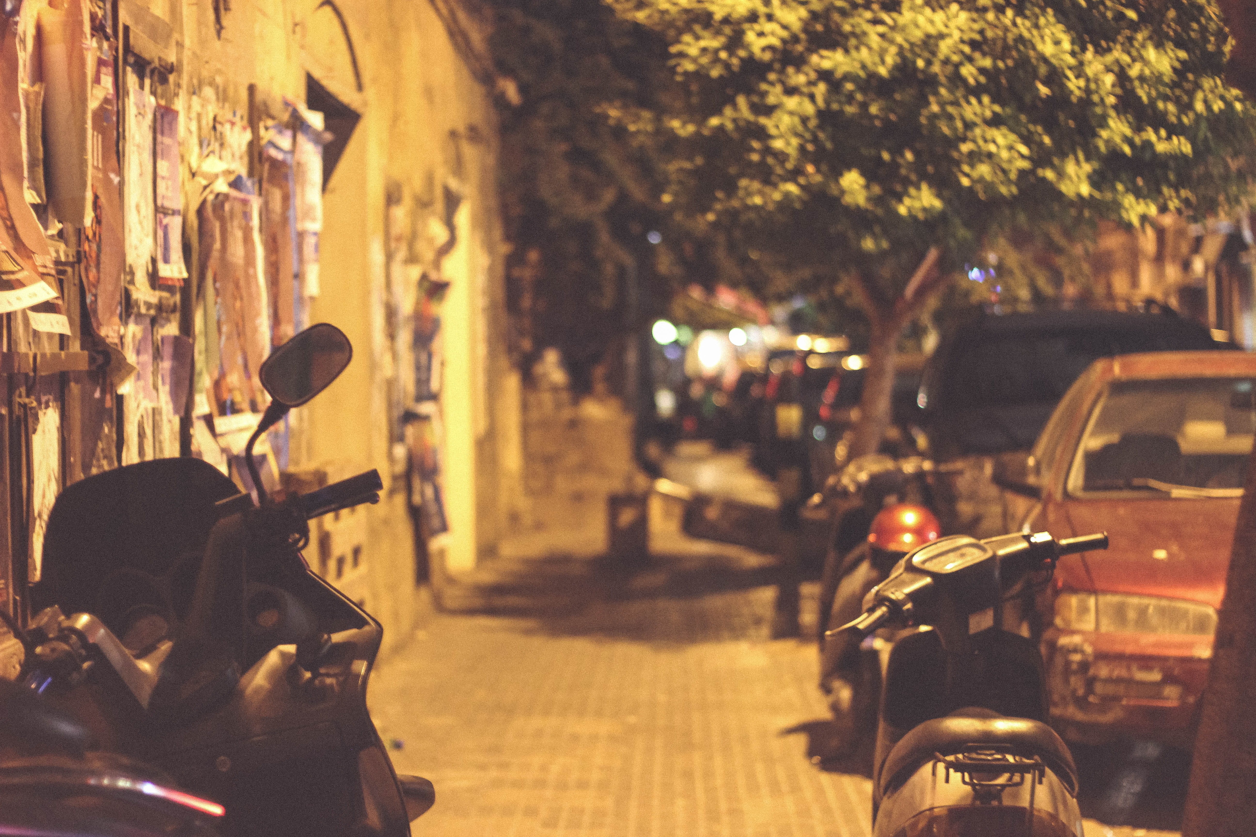 lebanon, focus on foreground, 5K, transportation, motor scooter, tree, nature, dark, scooter, motorcycle, night, bayrut, gemayze, car, gemmayzeh, stationary, HD Wallpaper