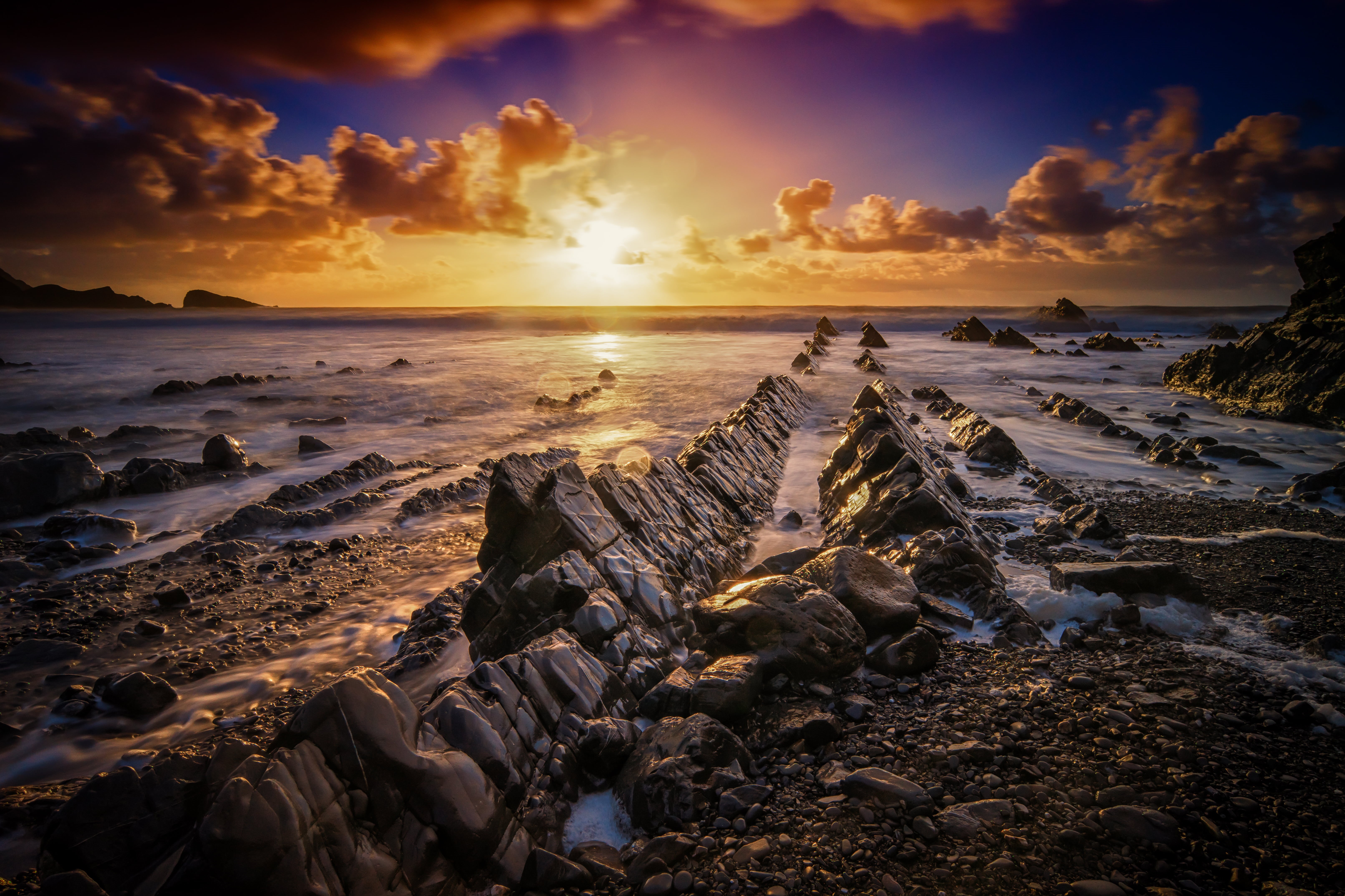 explored, dusk, sky, sunset  coast, seashore, rock formation, north  devon, samsung  NX1, water, scenics, outdoors, 5K, landscape, rock, sunset, beside, HD Wallpaper