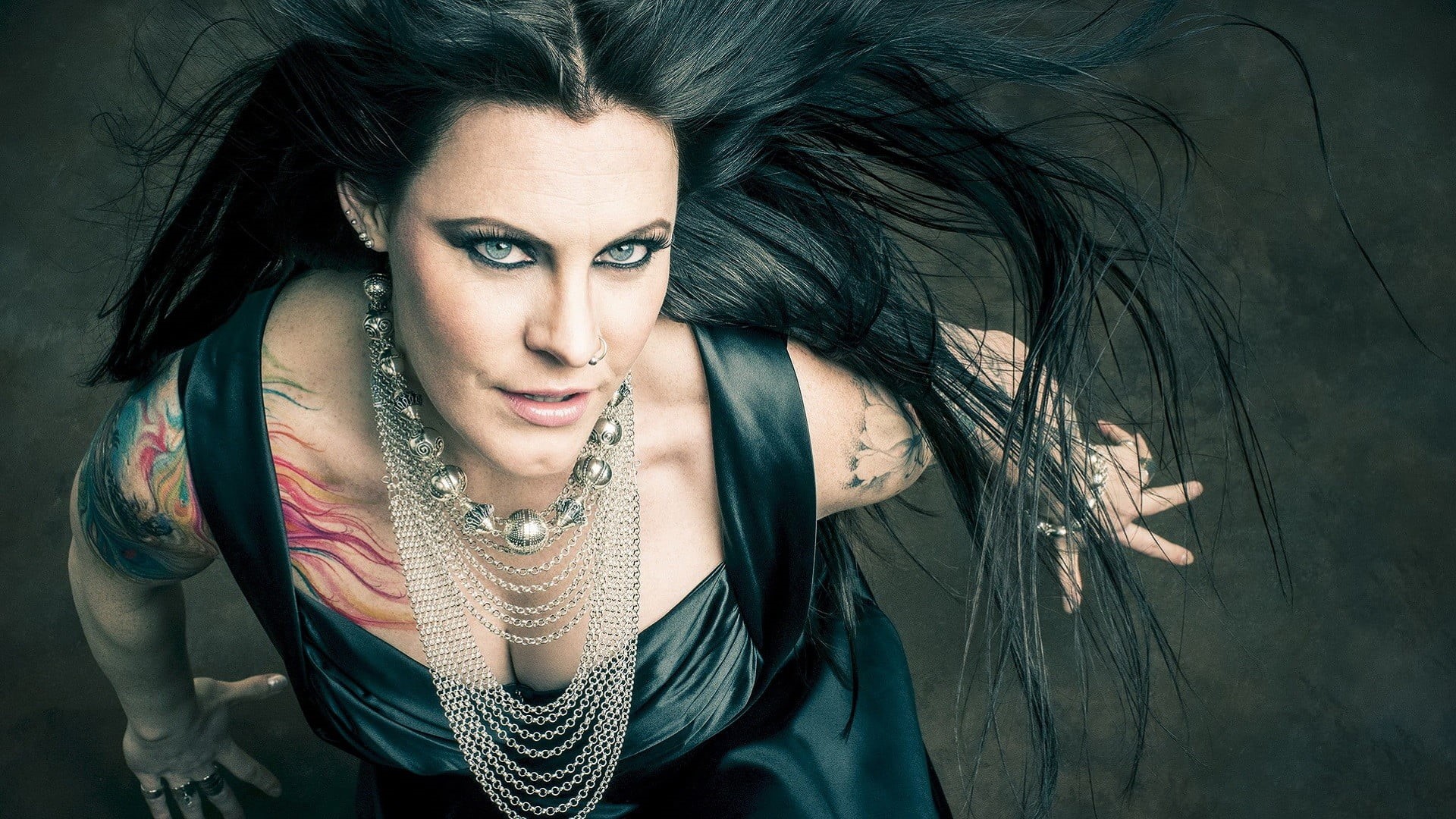 rings, brunette, looking at camera, women, adult, young women, portrait, front view, young adult, tattoo, singer, Nightwish, nose rings, dress, one person, HD Wallpaper
