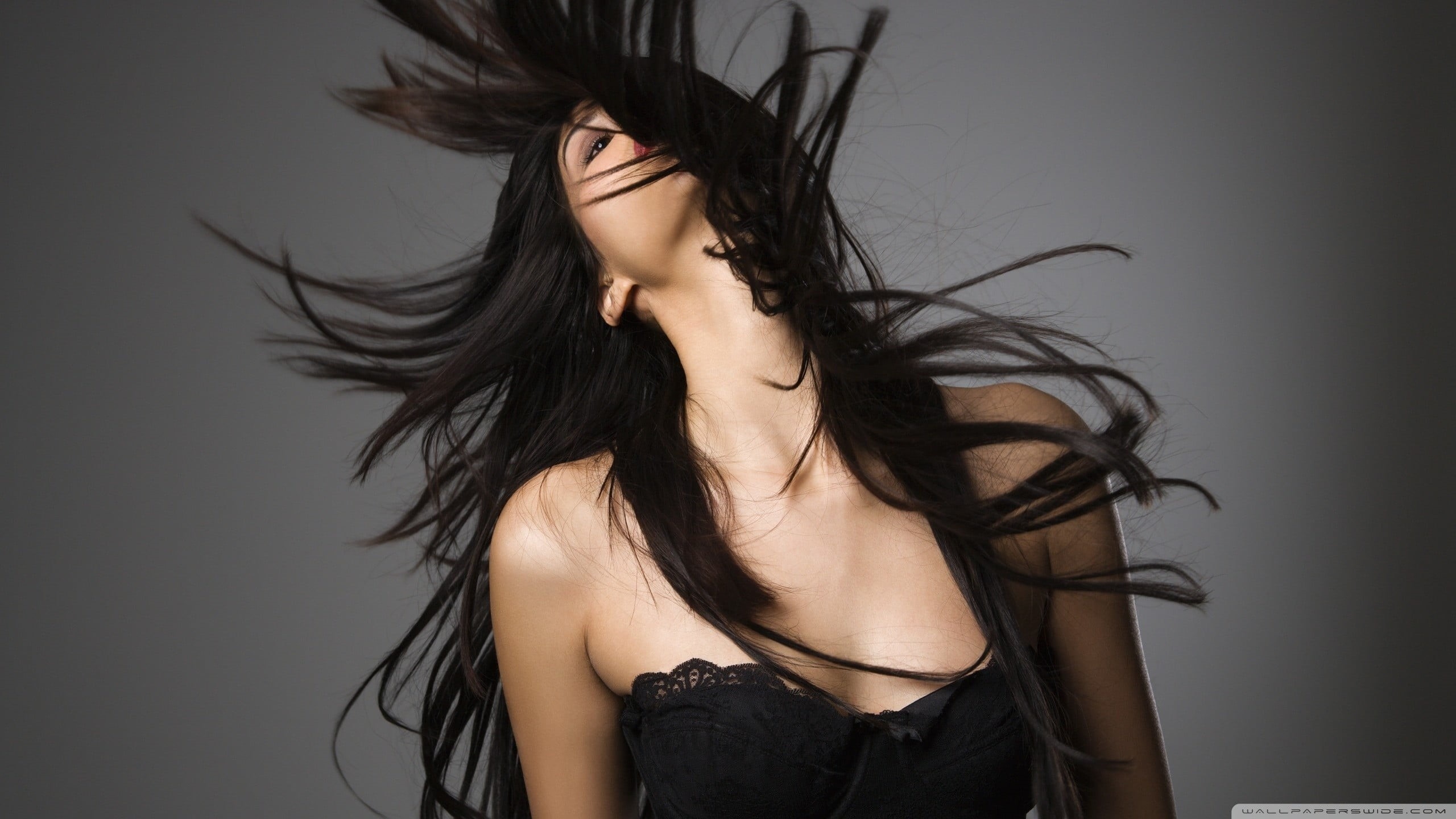 hair, women, gray background, tousled hair, hair toss, adult, hair in face, vitality, studio shot, freedom, indoors, face, young adult, hairstyle, model, HD Wallpaper