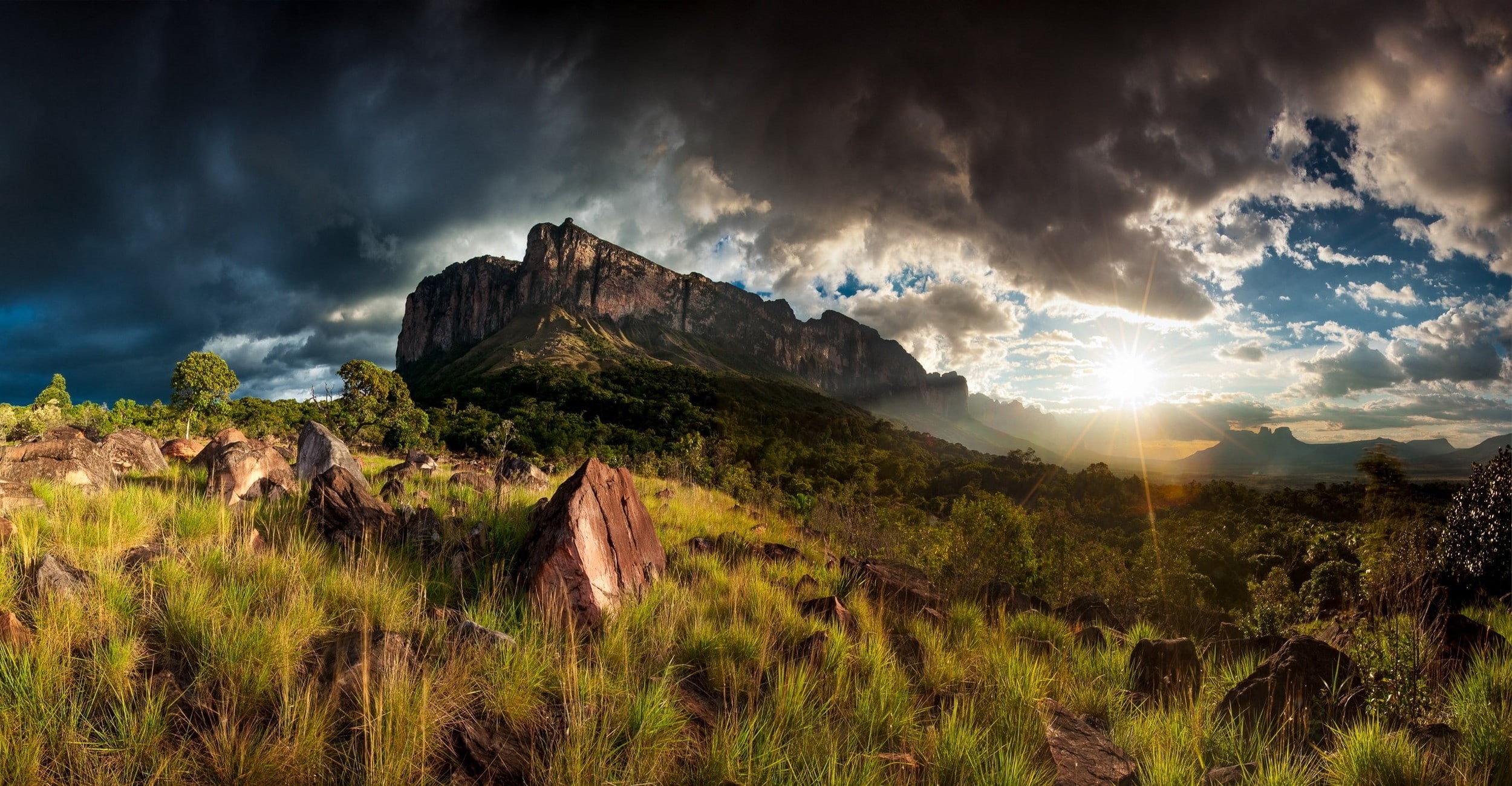 hdr, land, cloud - sky, rock, tranquility, nature, field, grass, Venezuela, Sun Rays, forest, solid, landscape, travel destinations, non-urban scene, Shrubs, HD Wallpaper