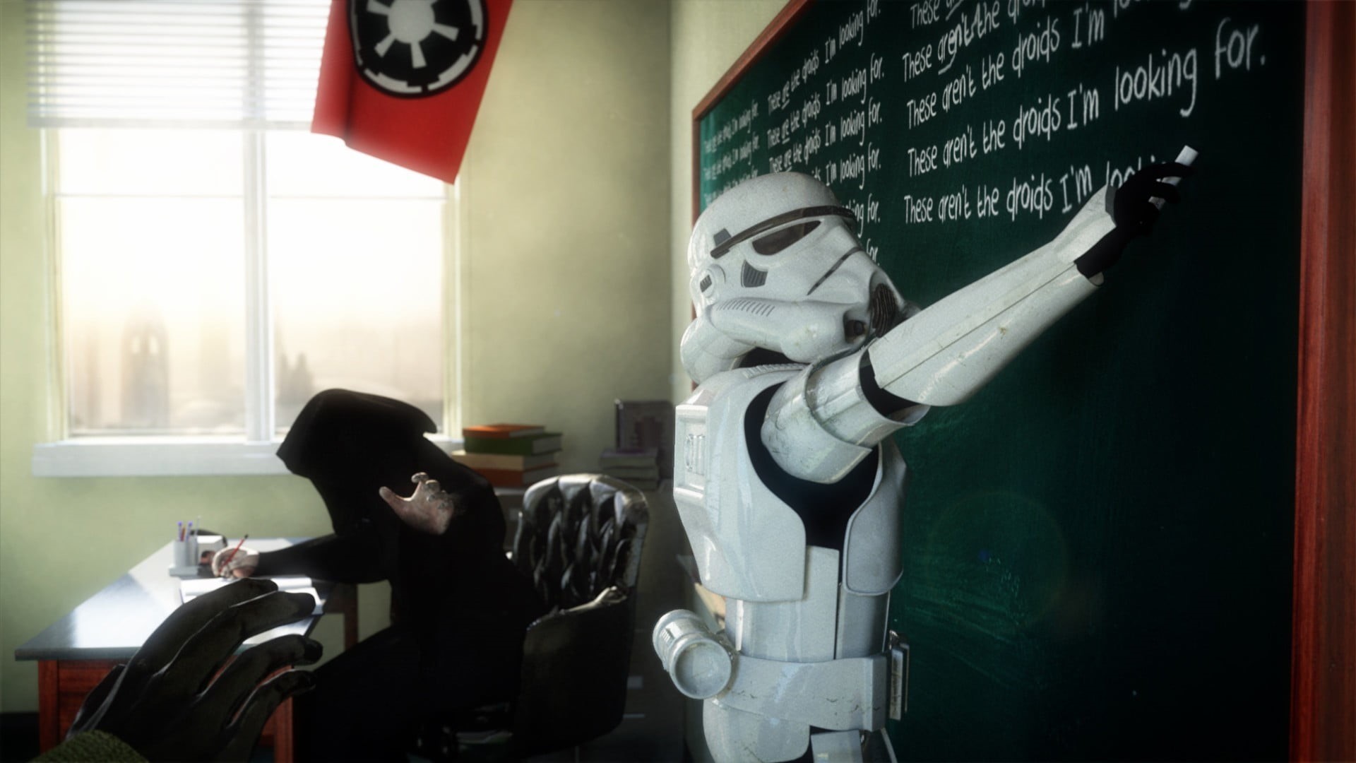 western script, Star Wars, people, trooper, male likeness, school, storm, window, communication, day, indoors, waist up, star, side view, sitting, wars, HD Wallpaper