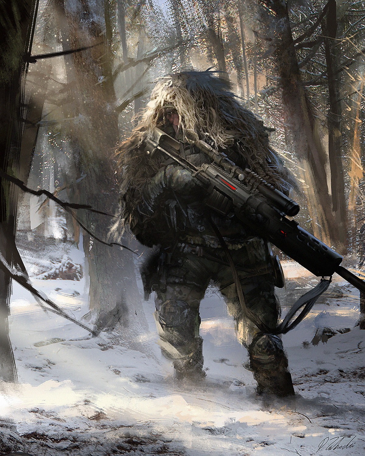 military, 720P, Darek Zabrocki, artwork, soldier, sniper rifle, winter, Phone HD Wallpaper