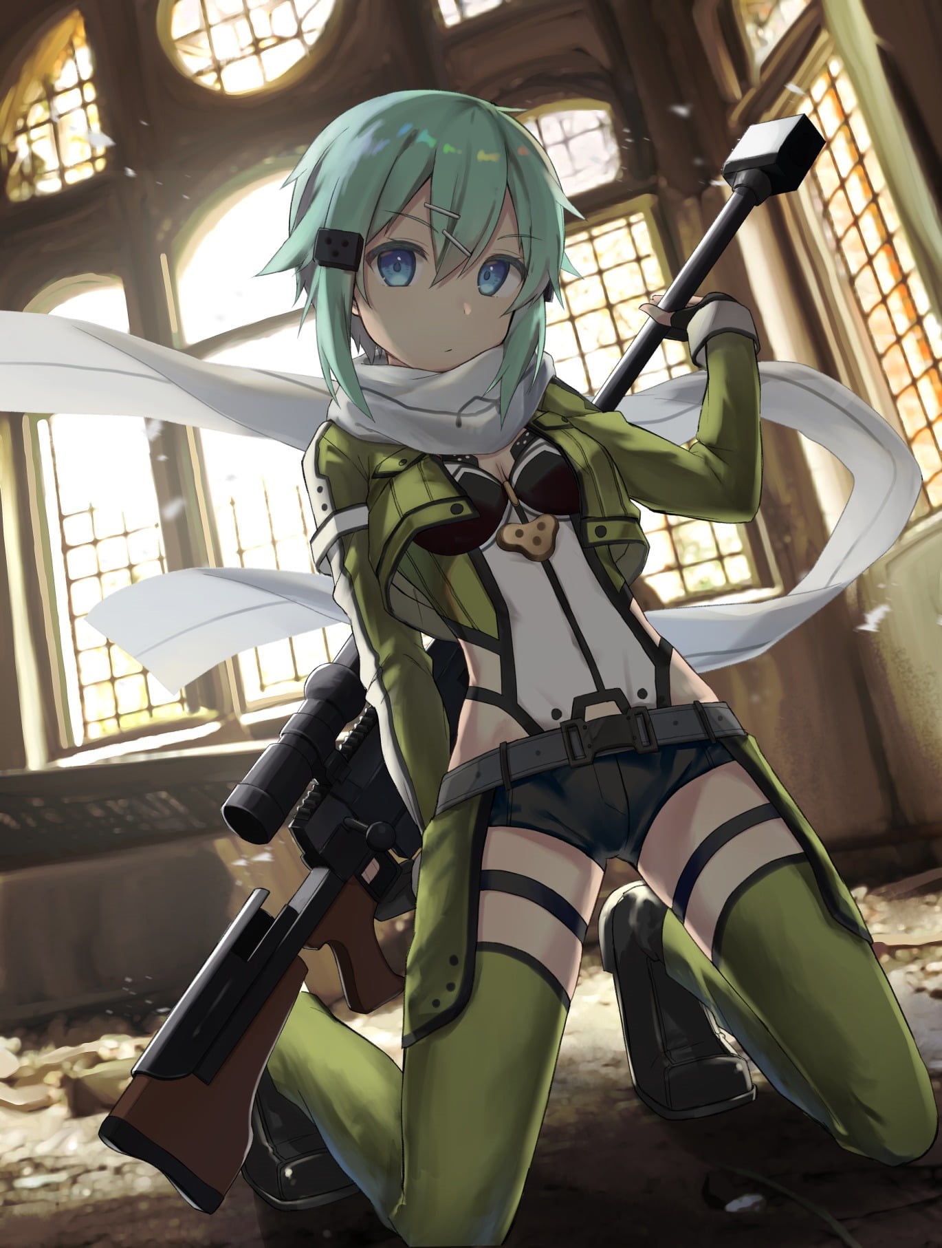 Asada Shino, weapon, no people, close-up, 720P, window, anime, creativity, Sword Art Online, architecture, day, short hair, built structure, technology, Phone HD Wallpaper