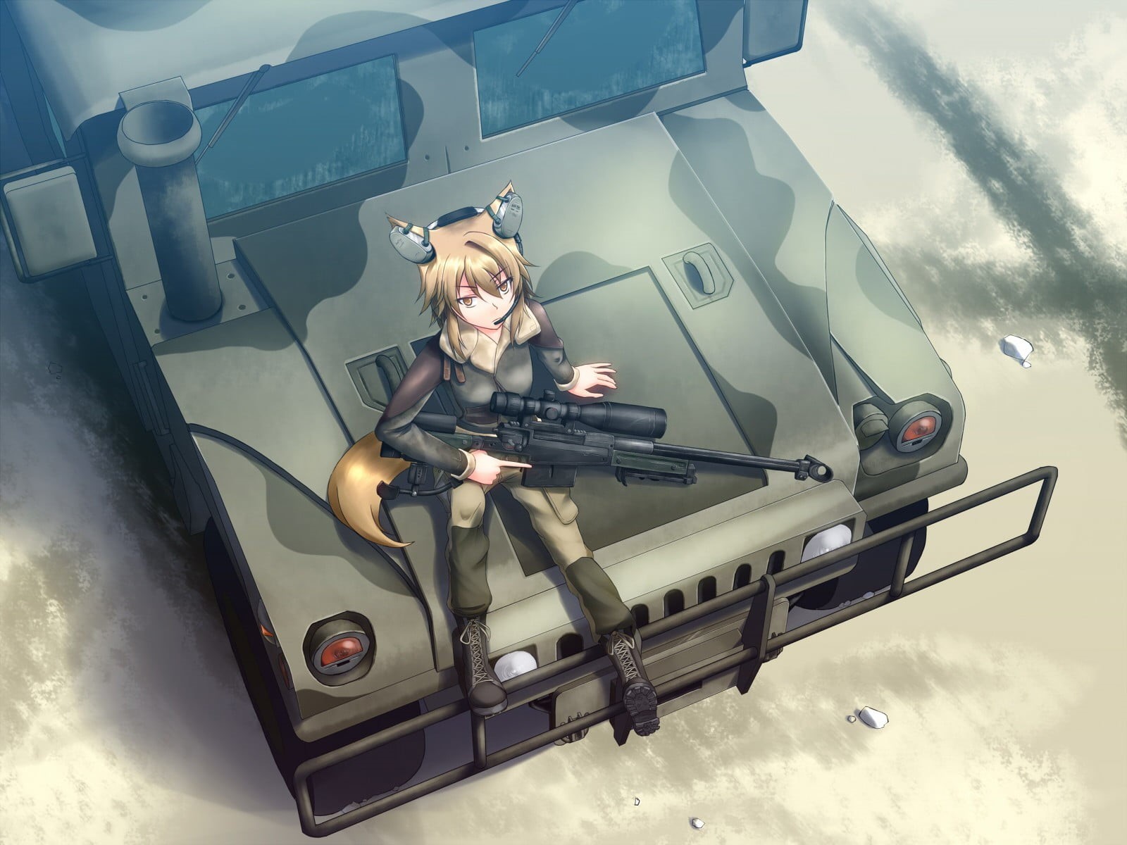 transportation, glasses, sitting, anime girls, sky, gun, animal ears, 720P, day, lifestyles, car, outdoors, females, nature, Barrett M82, women, adult, HD Wallpaper