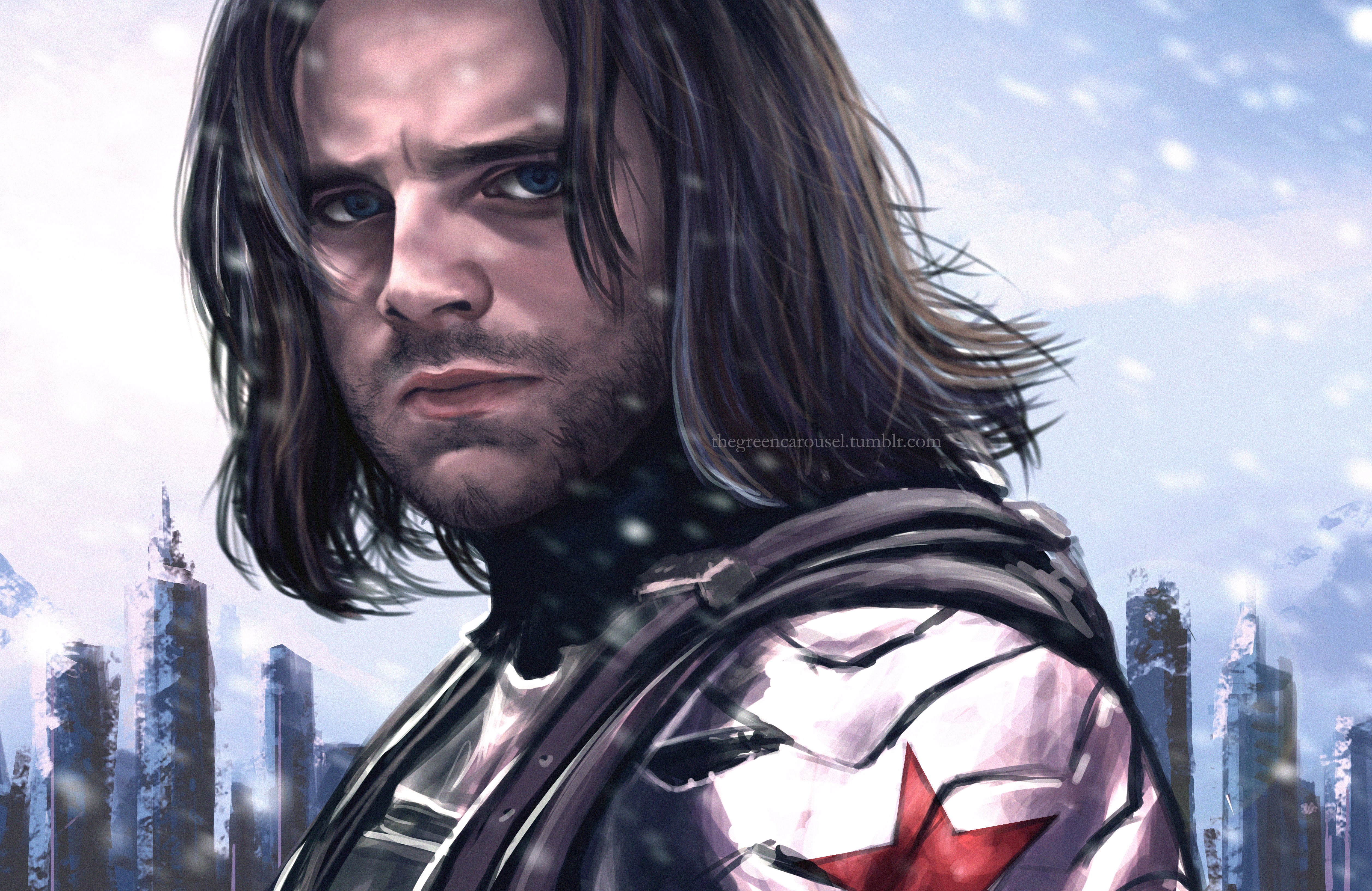 bucky barnes, nature, artist, artwork, 4K, beard, hd, looking at camera, hair, deviantart, looking, sky, headshot, portrait, adult, facial hair, lifestyles, HD Wallpaper
